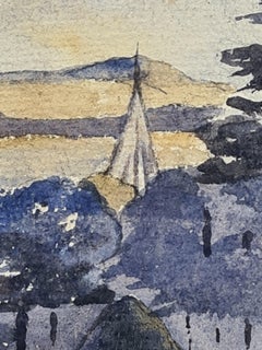 Barbizon School Watercolour Landscape, Village and Church Spire