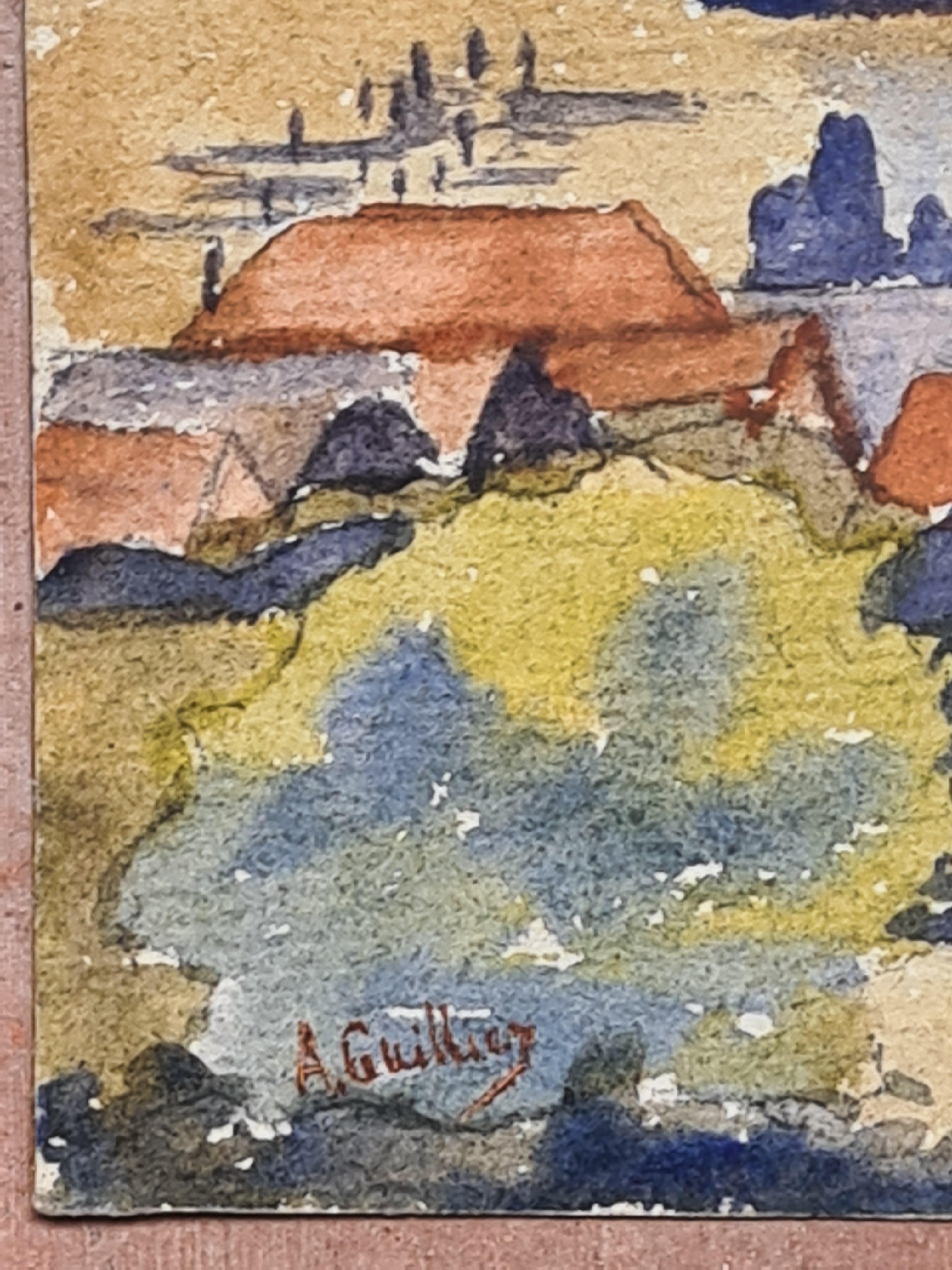 Paisaje en acuarela de la Escuela de Barbizon, pueblo y aguja de iglesia en venta 1