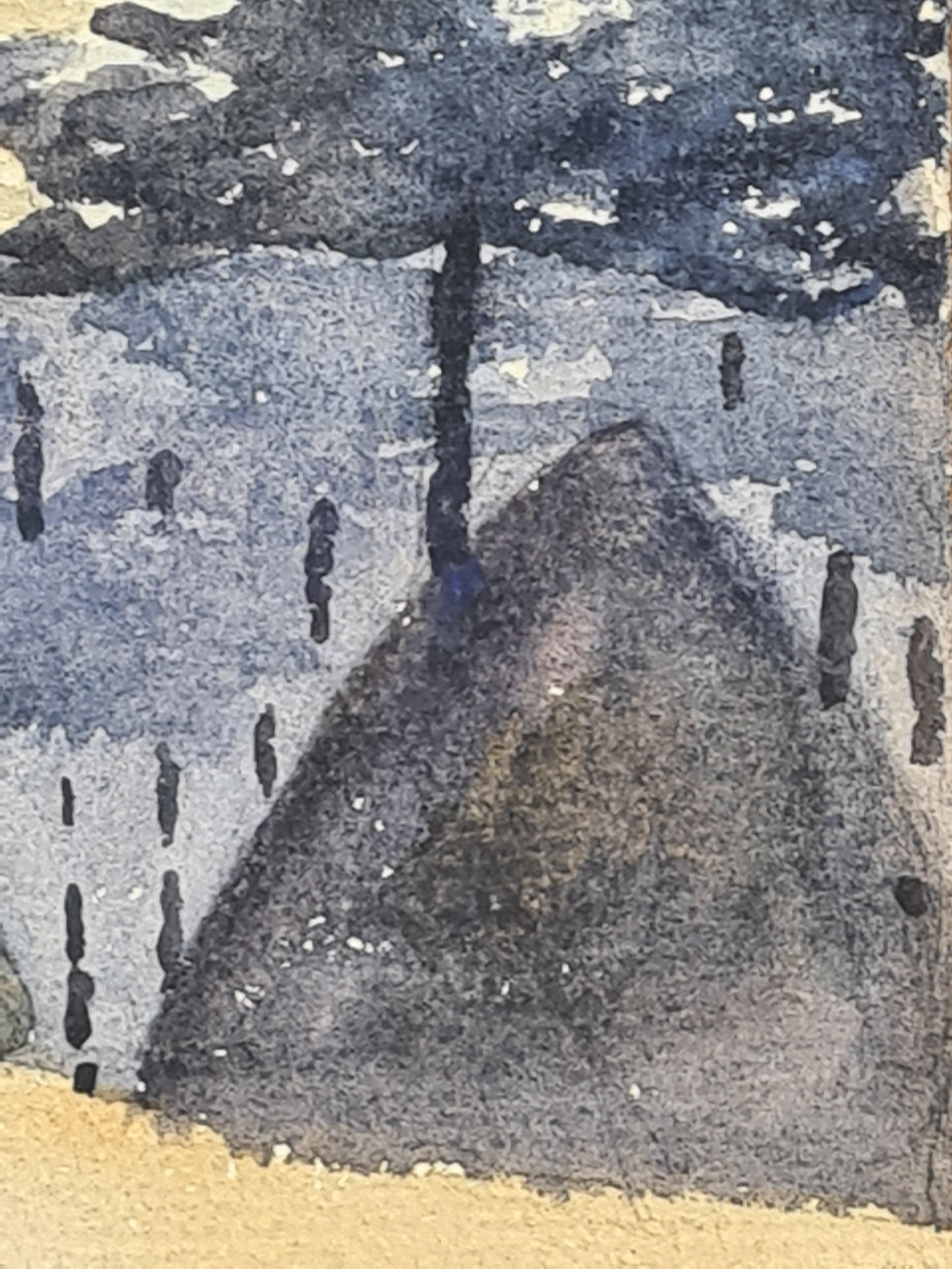 Paisaje en acuarela de la Escuela de Barbizon, pueblo y aguja de iglesia en venta 2
