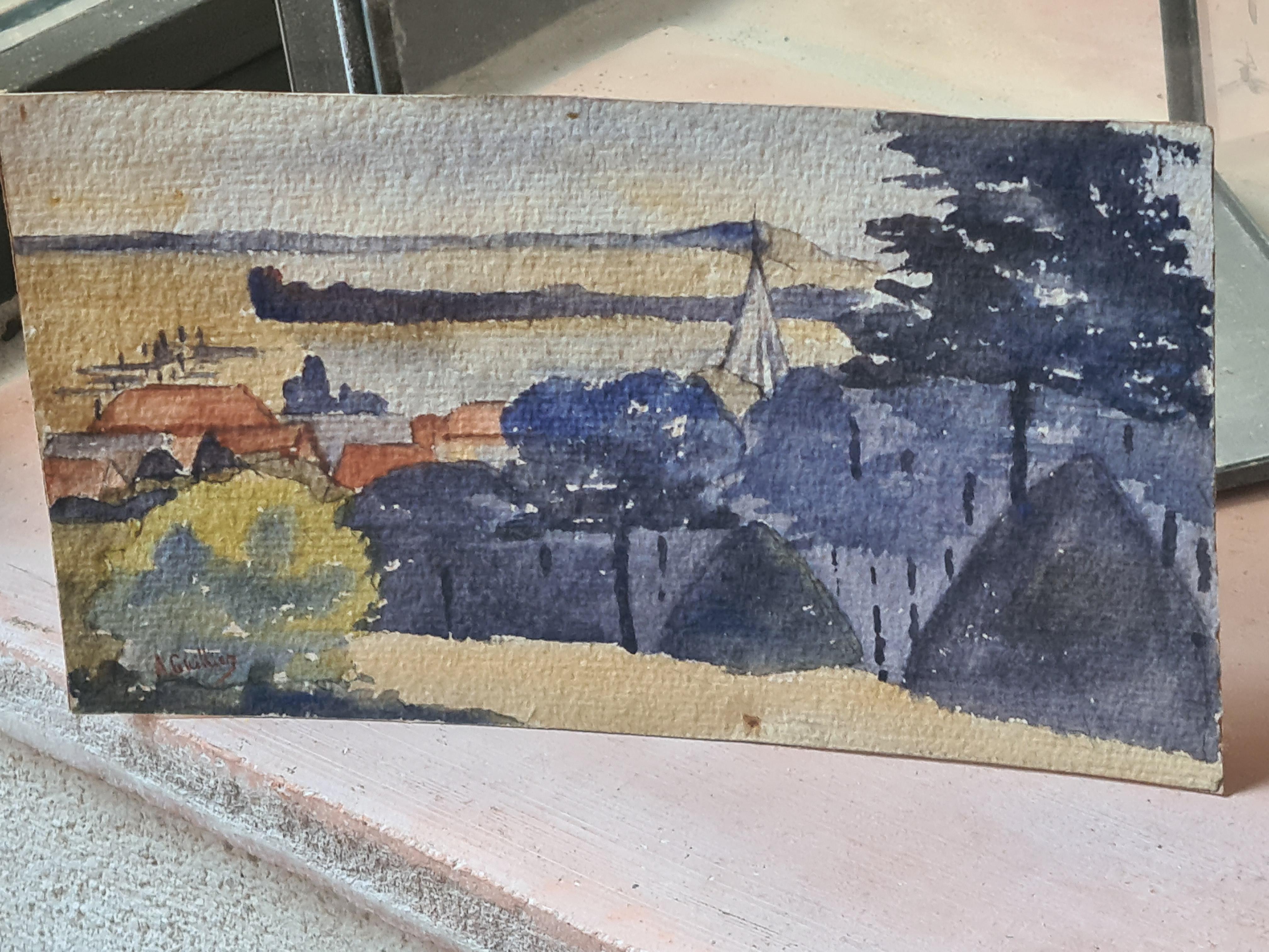 Paisaje en acuarela de la Escuela de Barbizon, pueblo y aguja de iglesia en venta 4