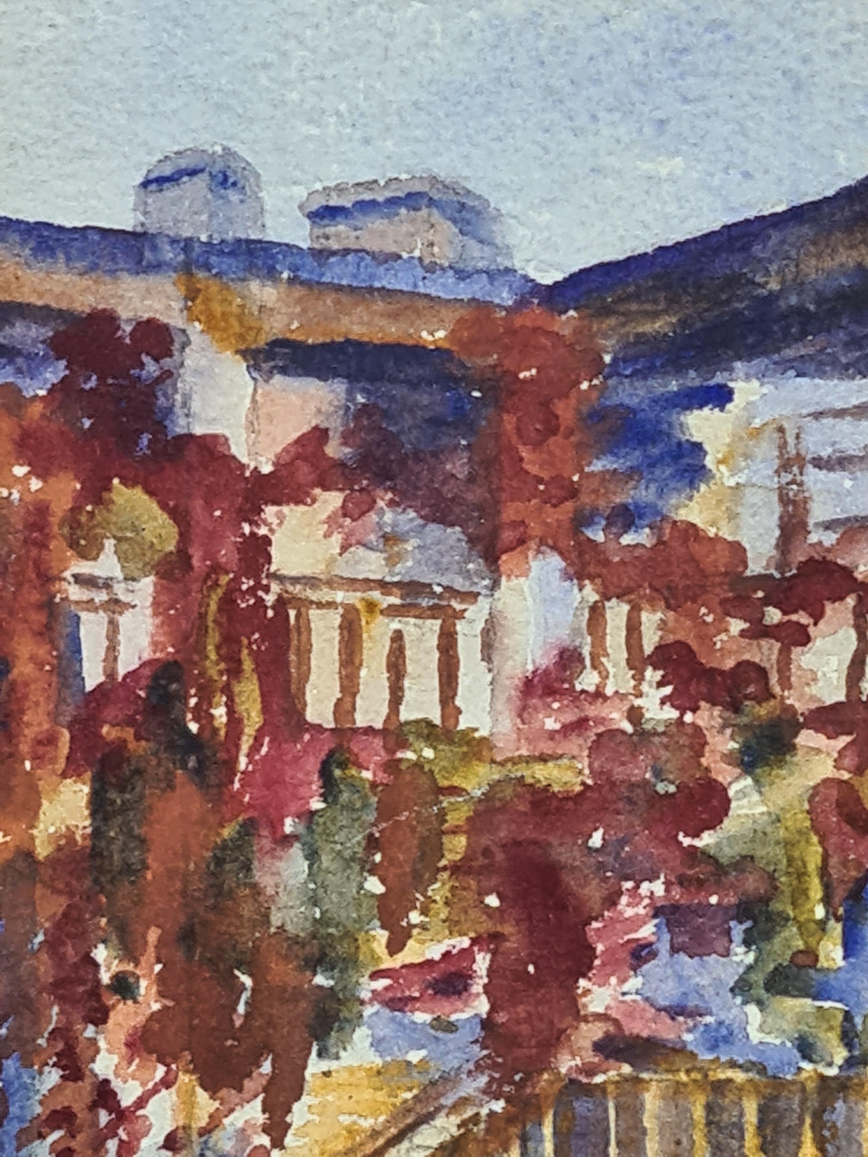 Acquerello dei primi del Novecento raffigurante un glicine in un cortile rurale, opera di A. GHILLI. Il dipinto è firmato in basso a sinistra e sul retro della carta è presente una debole iscrizione e una data.

Questo incantevole acquerello cattura