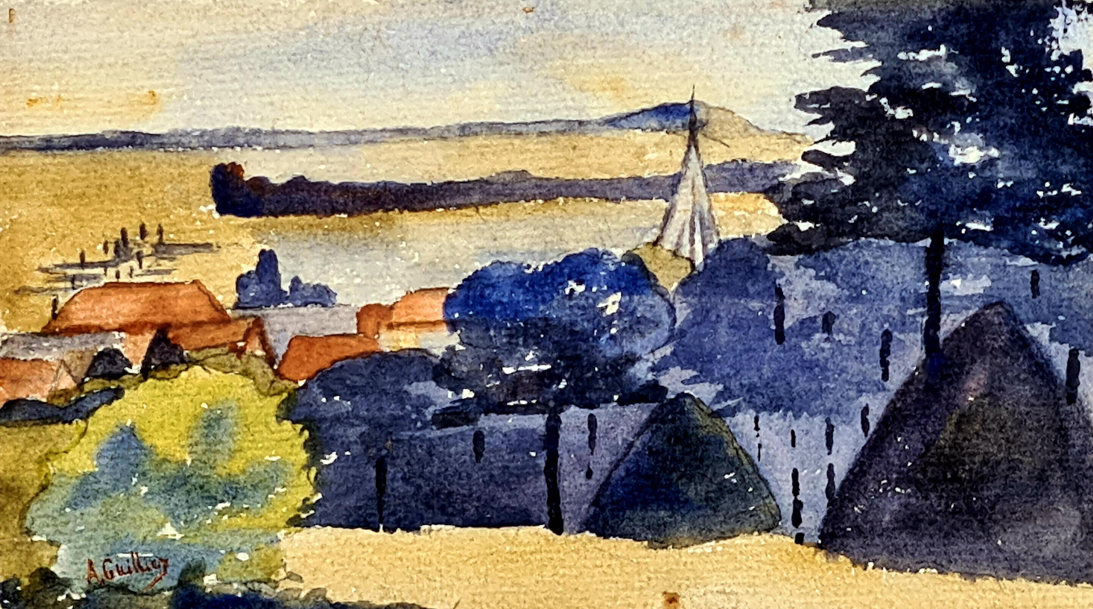 Conjunto de tres paisajes en acuarela de la Escuela de Barbizon - Art de A Ghillies