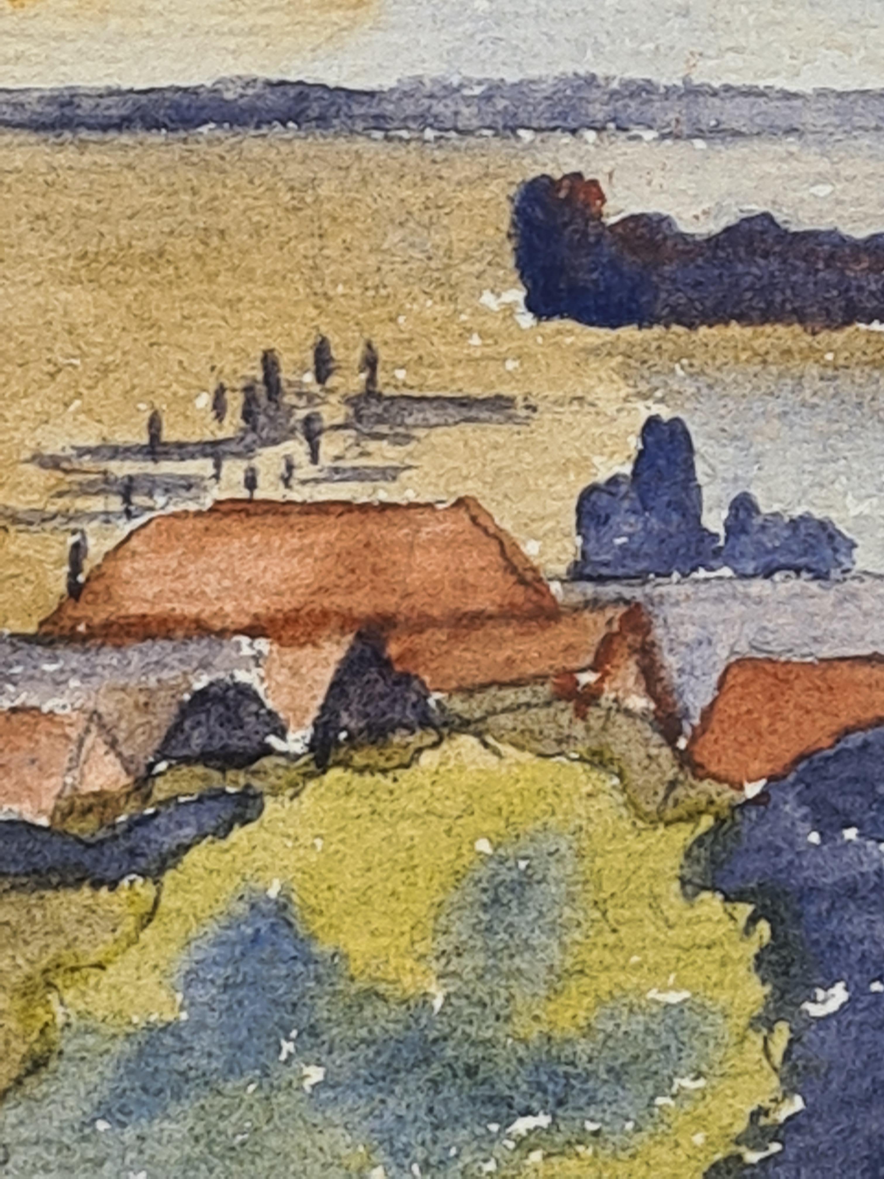 Conjunto de tres paisajes en acuarela de la Escuela de Barbizon - Landscape Art Negro de A Ghillies