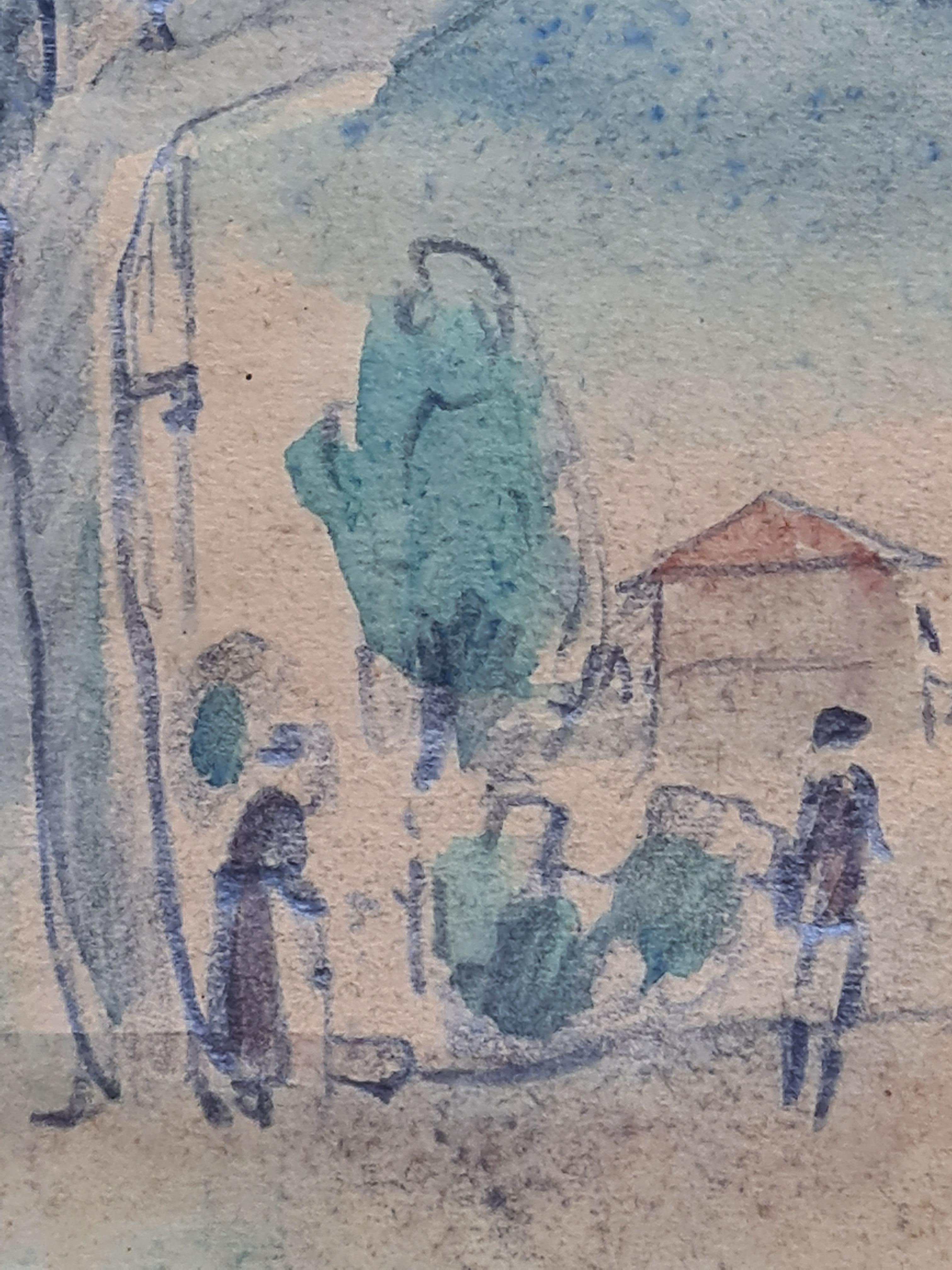 Post Impressionist Landscape Watercolour, Walking the Dog, The Promenade - Gray Figurative Art by Henri Lebasque