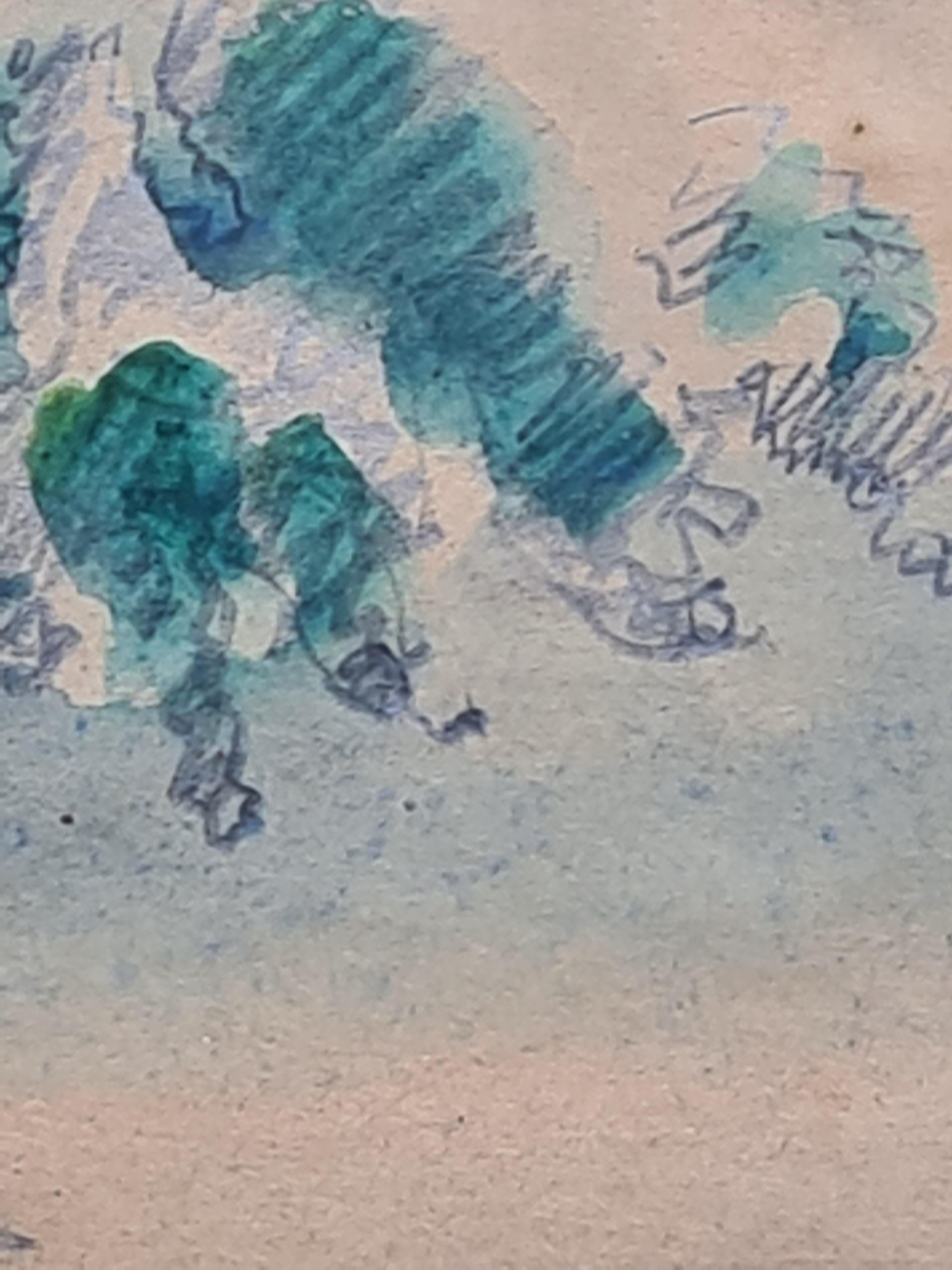 Post Impressionist Landscape Watercolour, Walking the Dog, The Promenade For Sale 1