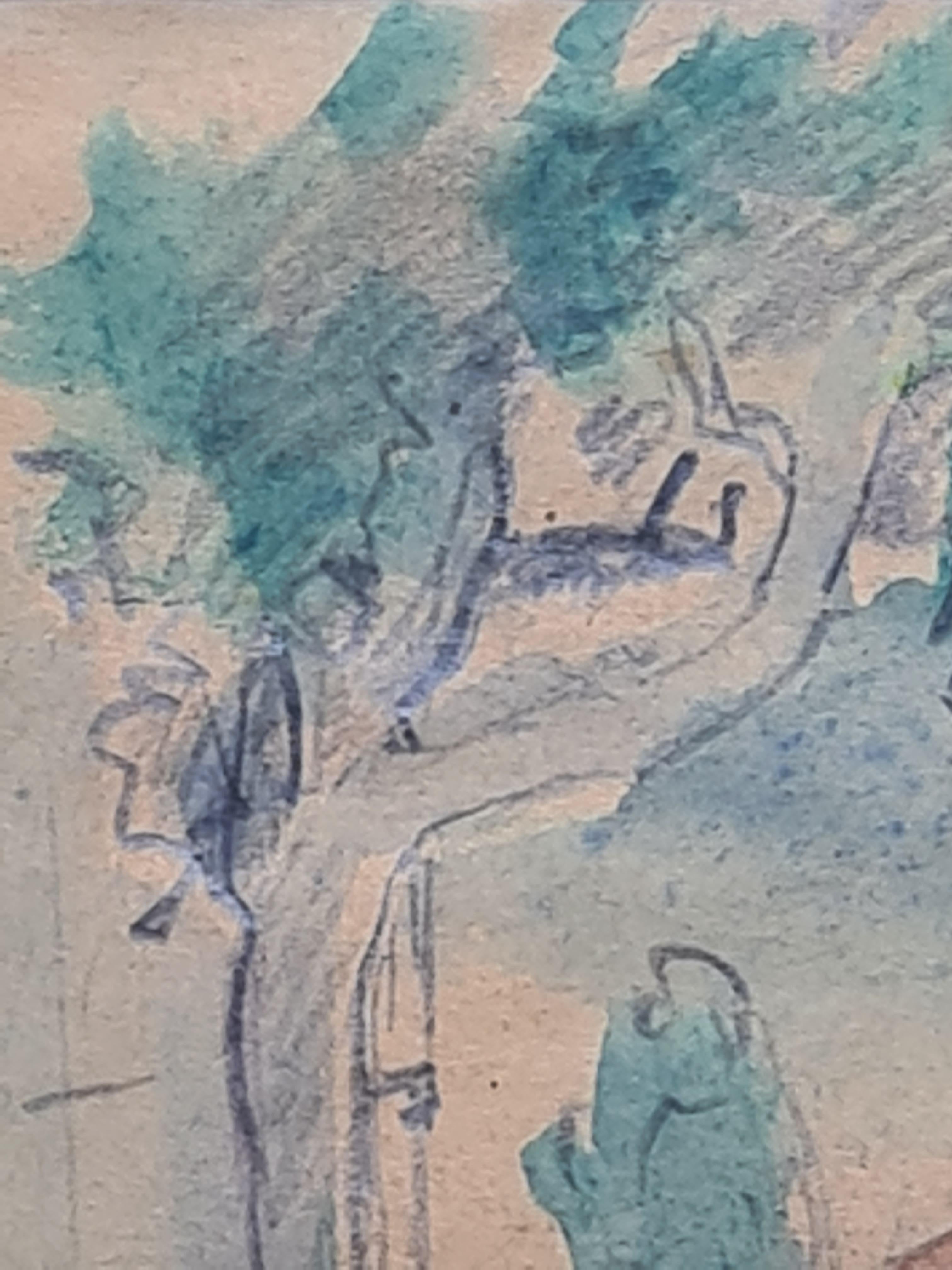 Post Impressionist Landscape Watercolour, Walking the Dog, The Promenade For Sale 2