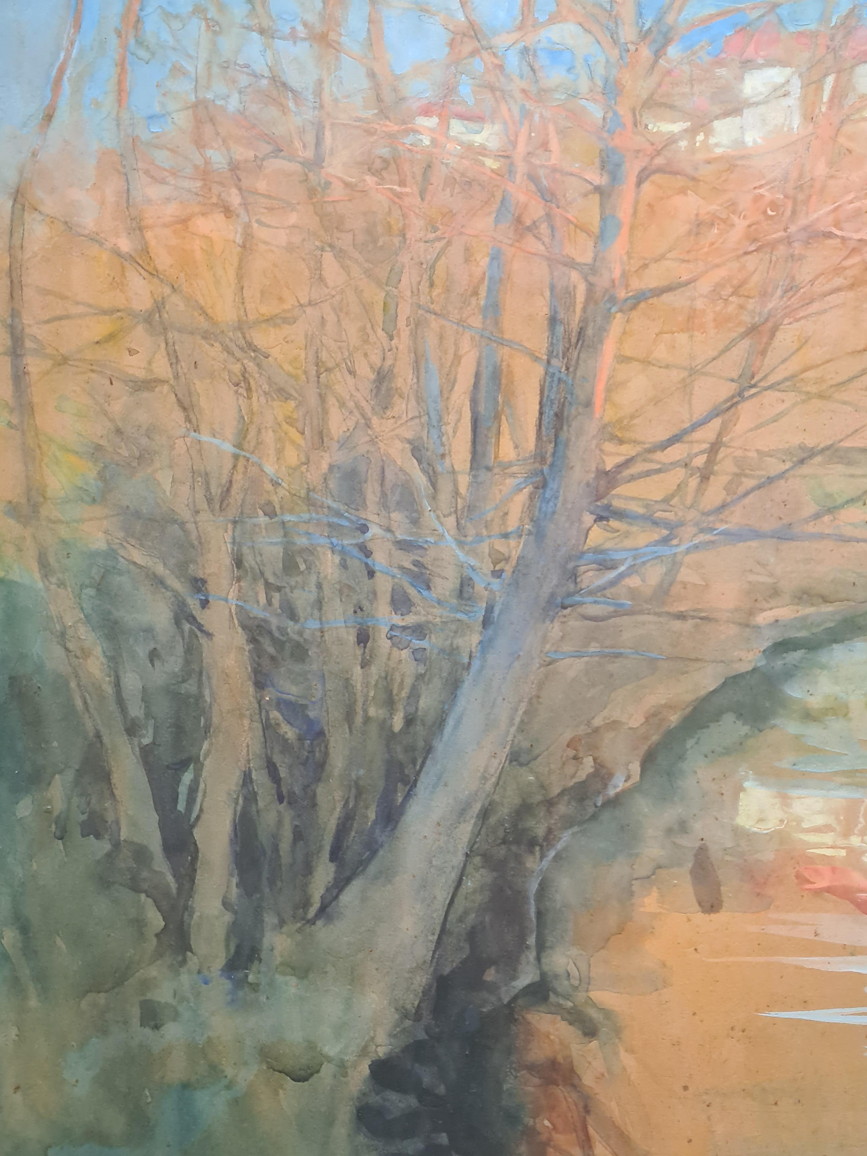 French Impressionist Landscape, Barbizon School, Crossing the River - Beige Landscape Art by Unknown