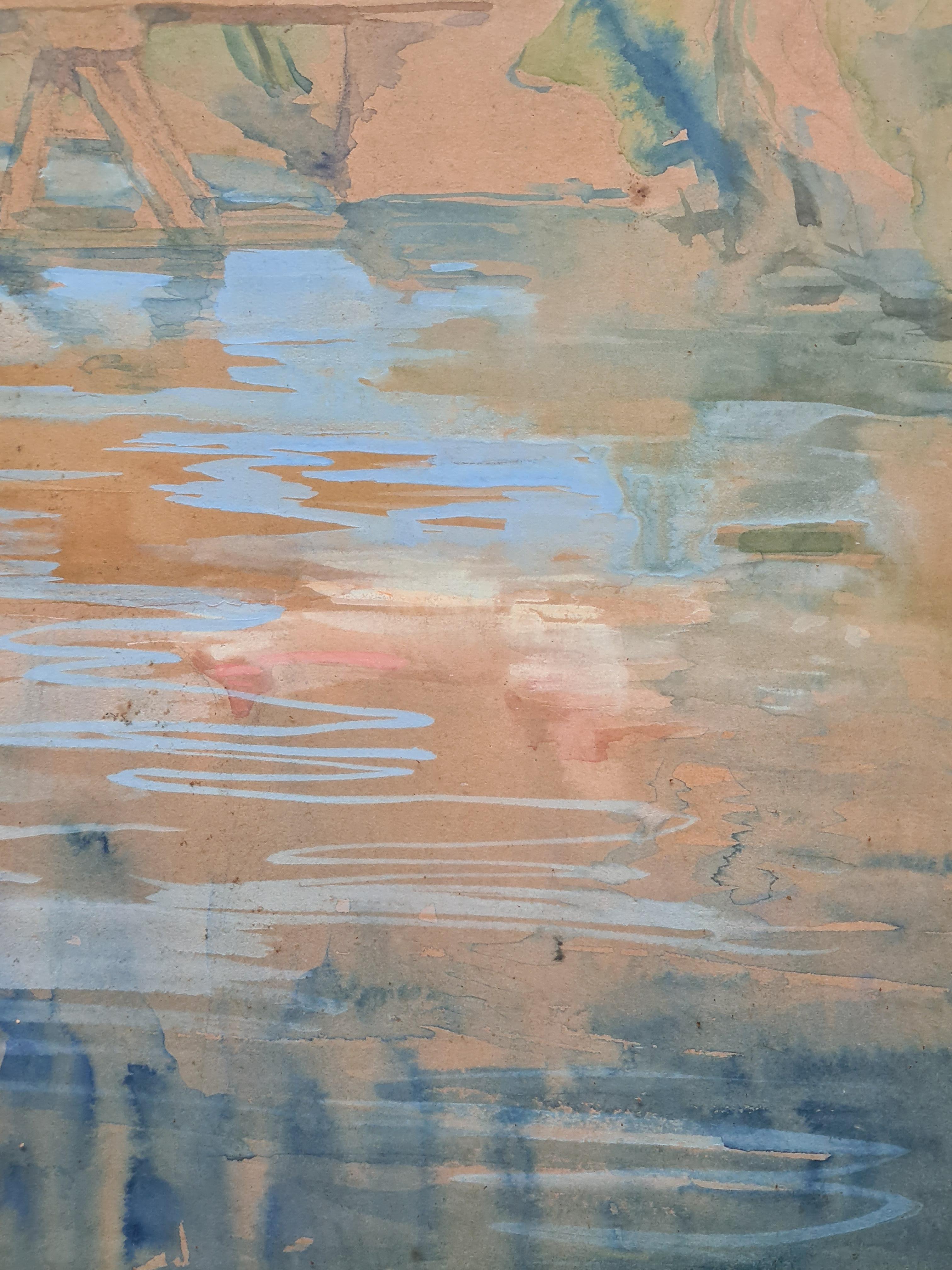 French Impressionist Landscape, Barbizon School, Crossing the River For Sale 3