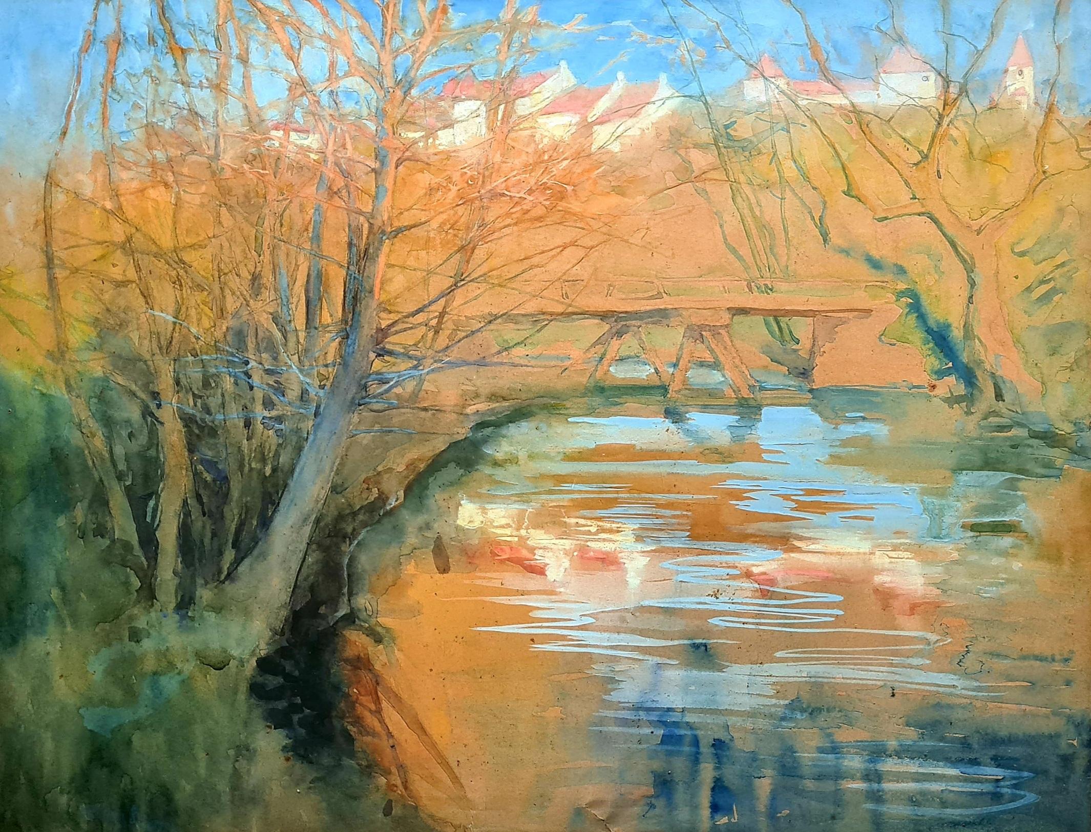 French Impressionist Landscape, Barbizon School, Crossing the River - Art by Unknown