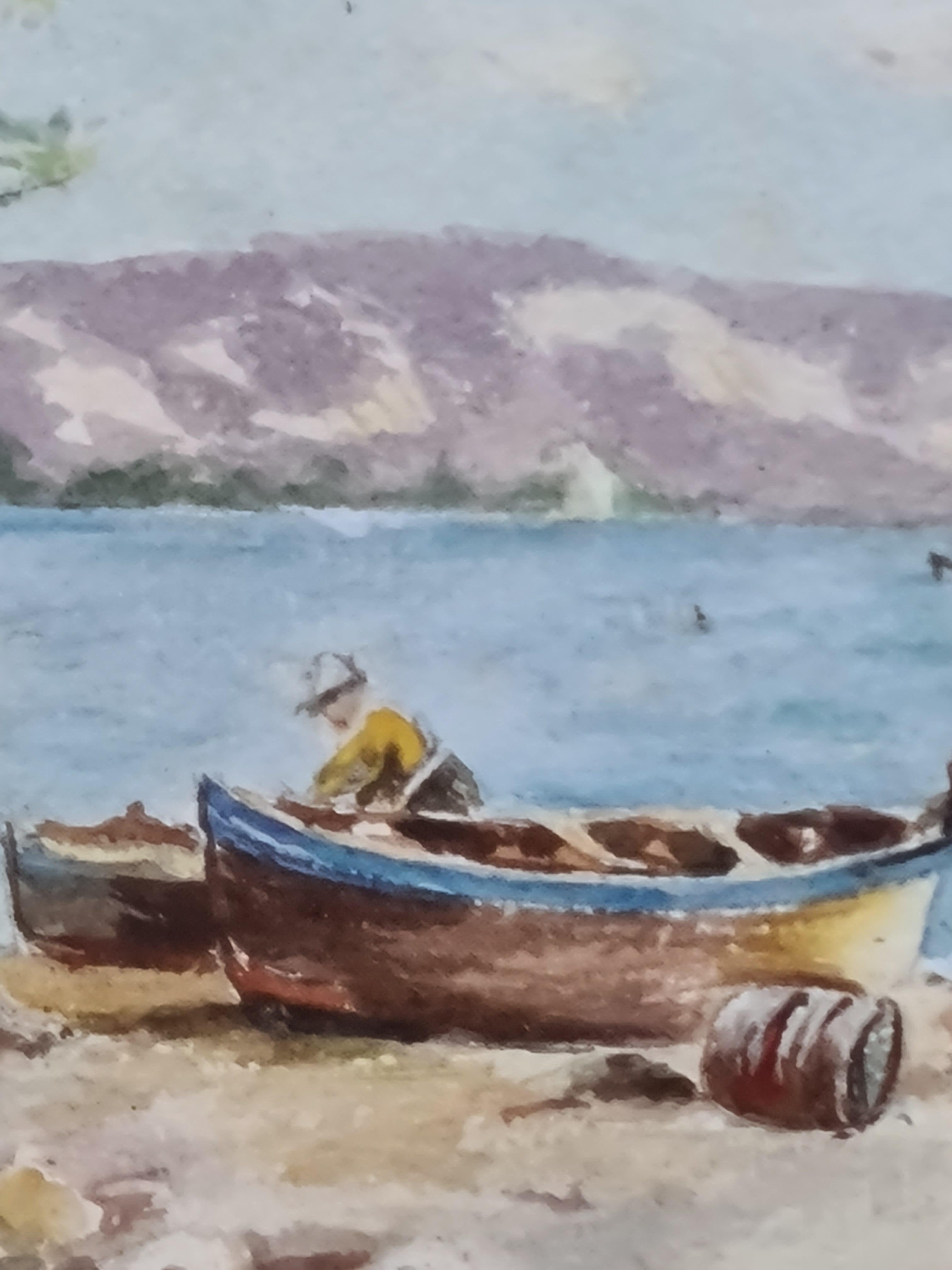 Giornata in spiaggia, acquerello francese di metà secolo - Painting Postimpressionismo di Madelaine Geoffroy
