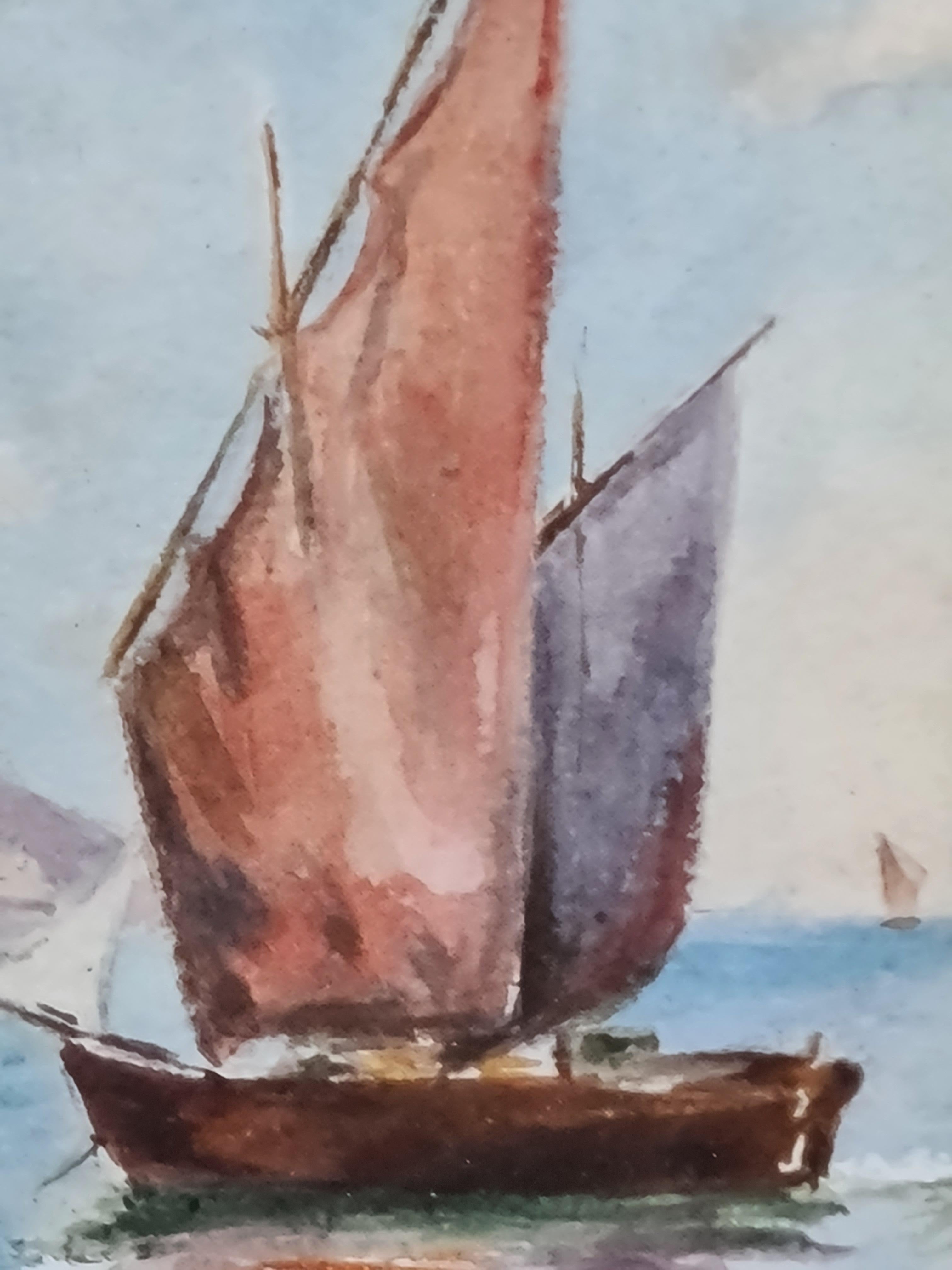 Giornata in spiaggia, acquerello francese di metà secolo - Figurative Painting Grigio di Madelaine Geoffroy