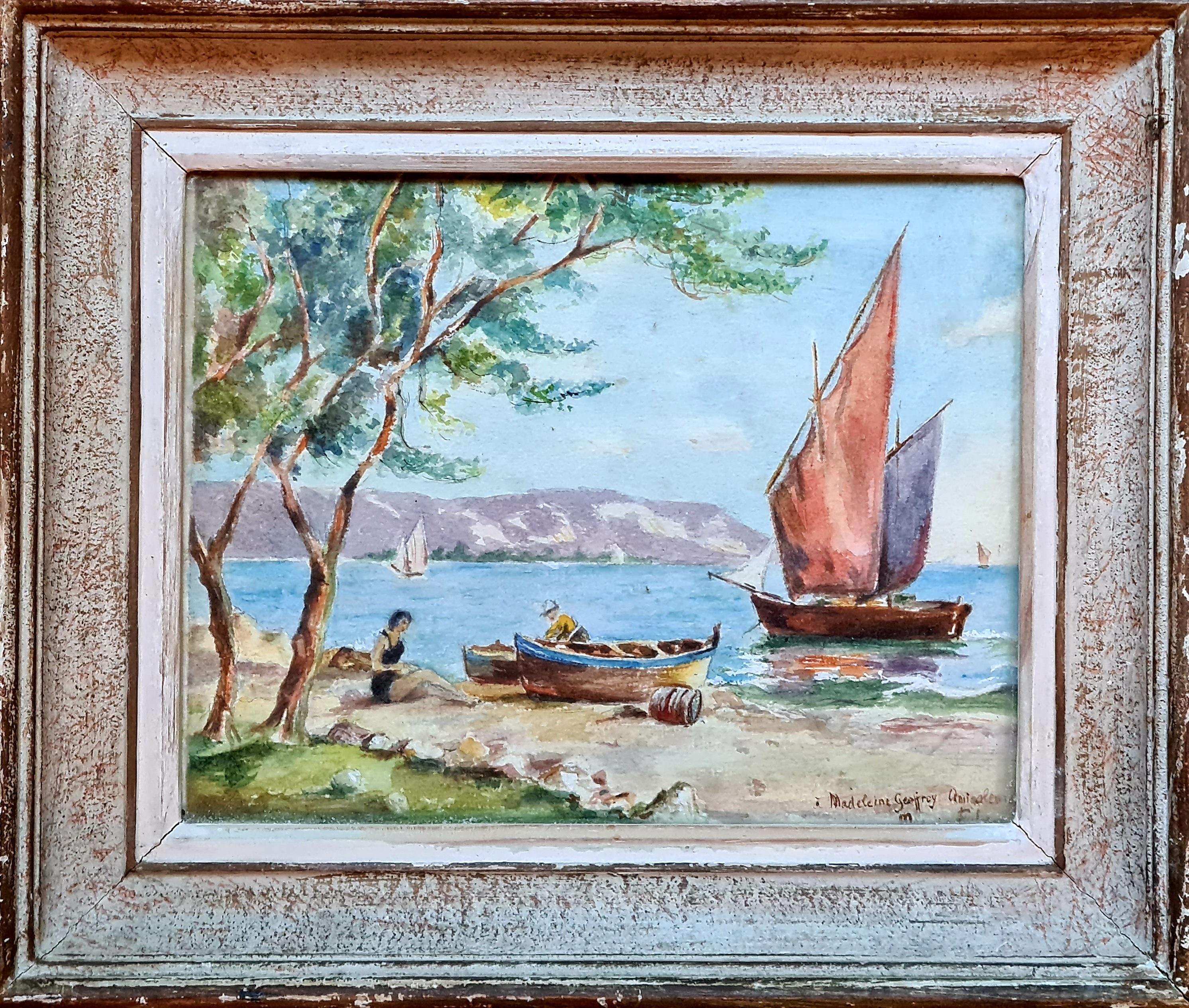 Figurative Painting di Madelaine Geoffroy - Giornata in spiaggia, acquerello francese di metà secolo