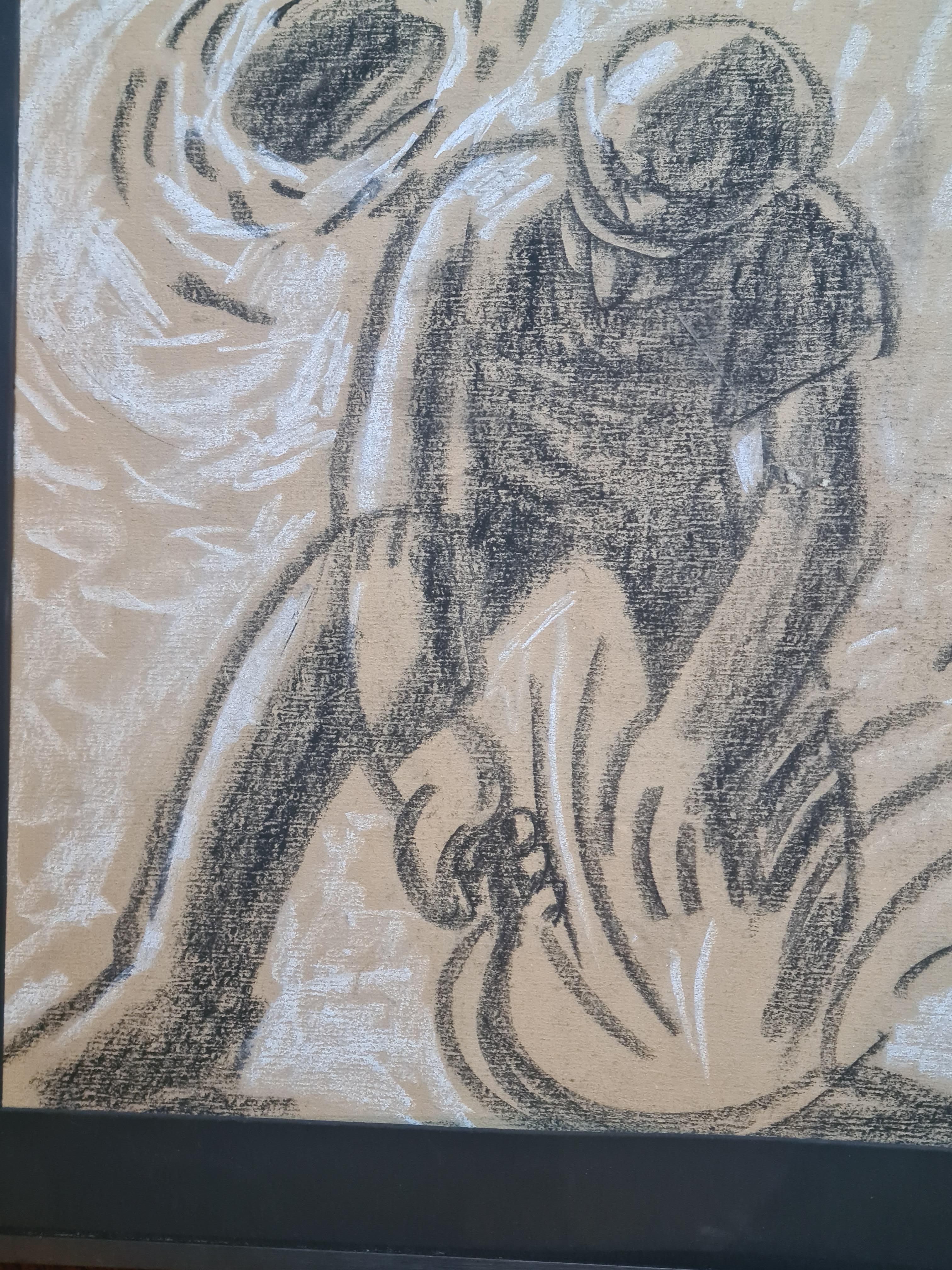 Dessin au pastel sur papier de Jean Arène, datant de la fin du milieu du siècle dernier, représentant un fermier récoltant du blé. Signée et datée en bas à droite, dans un cadre moderne en métal noir avec un support en carton noir.

Une charmante