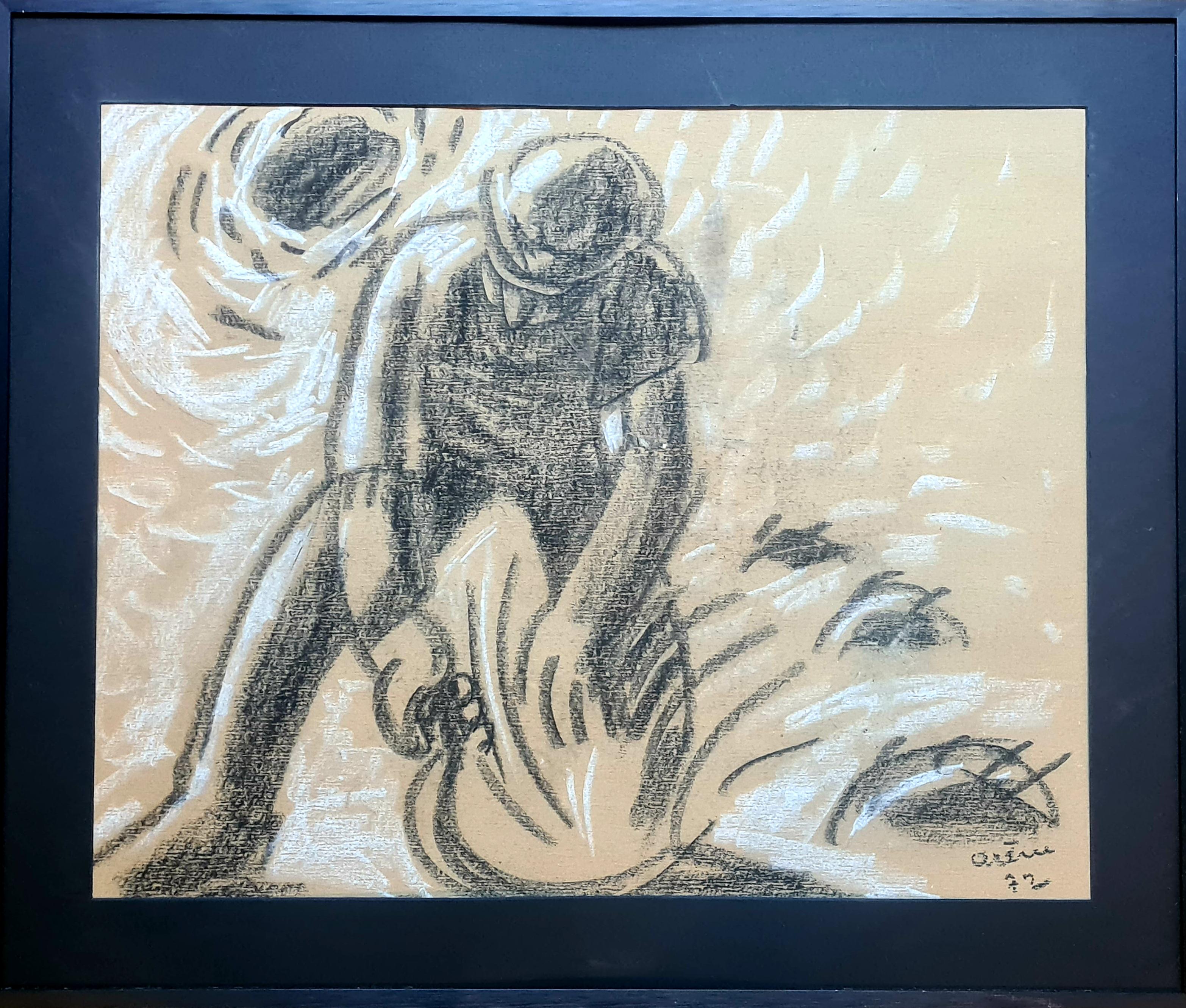 Le Faucheur, dessin post-impressionniste français d'un ouvrier agricole dans les champs - Painting de Jean Arène