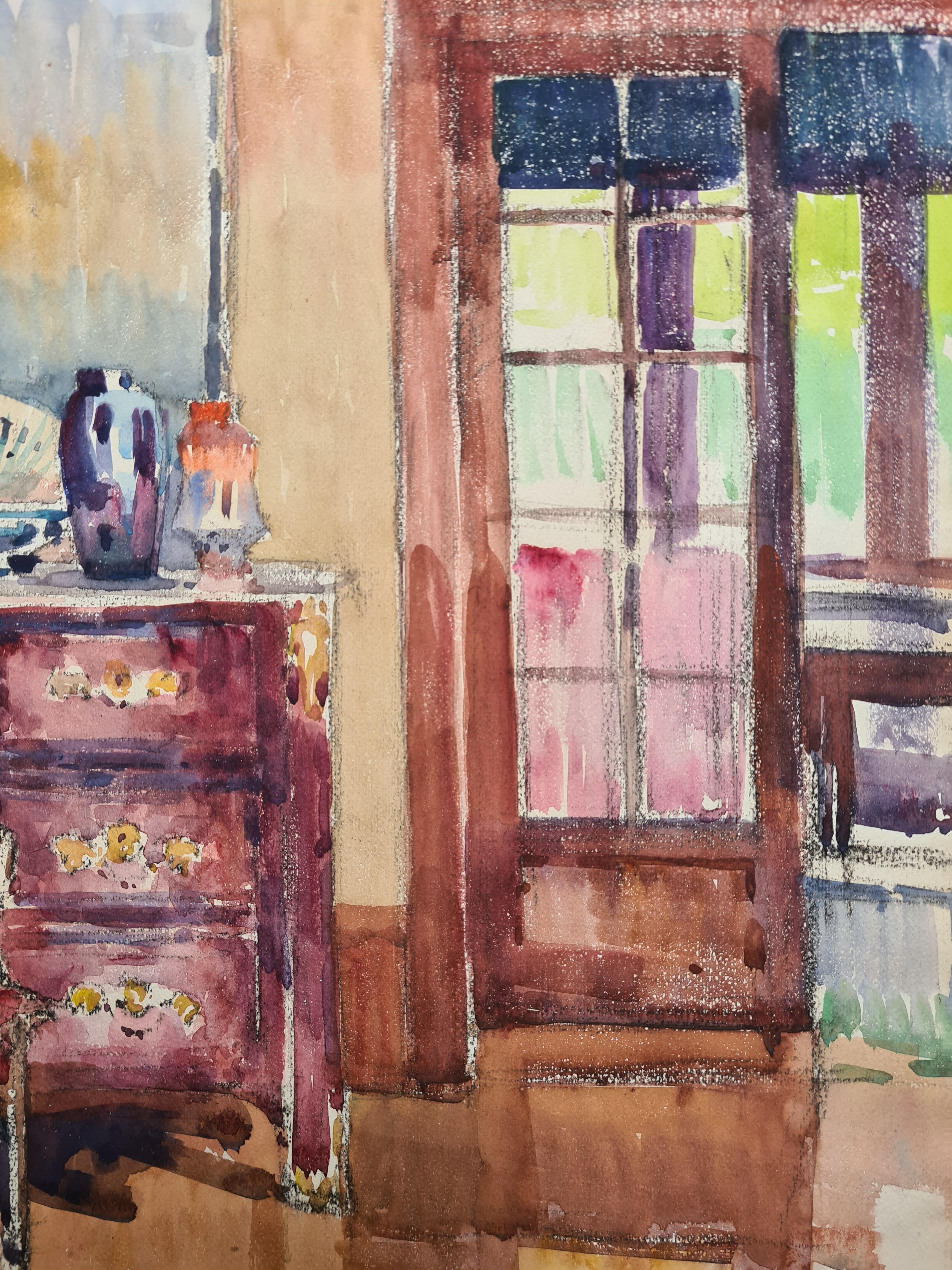 Veduta di interno provenzale francese, metà secolo, acquerello su carta di Auguste Drouot. Il dipinto è firmato in basso a destra e presentato in una cornice d'epoca, attualmente senza vetro.

Questo quadro affascinante e accattivante mostra un