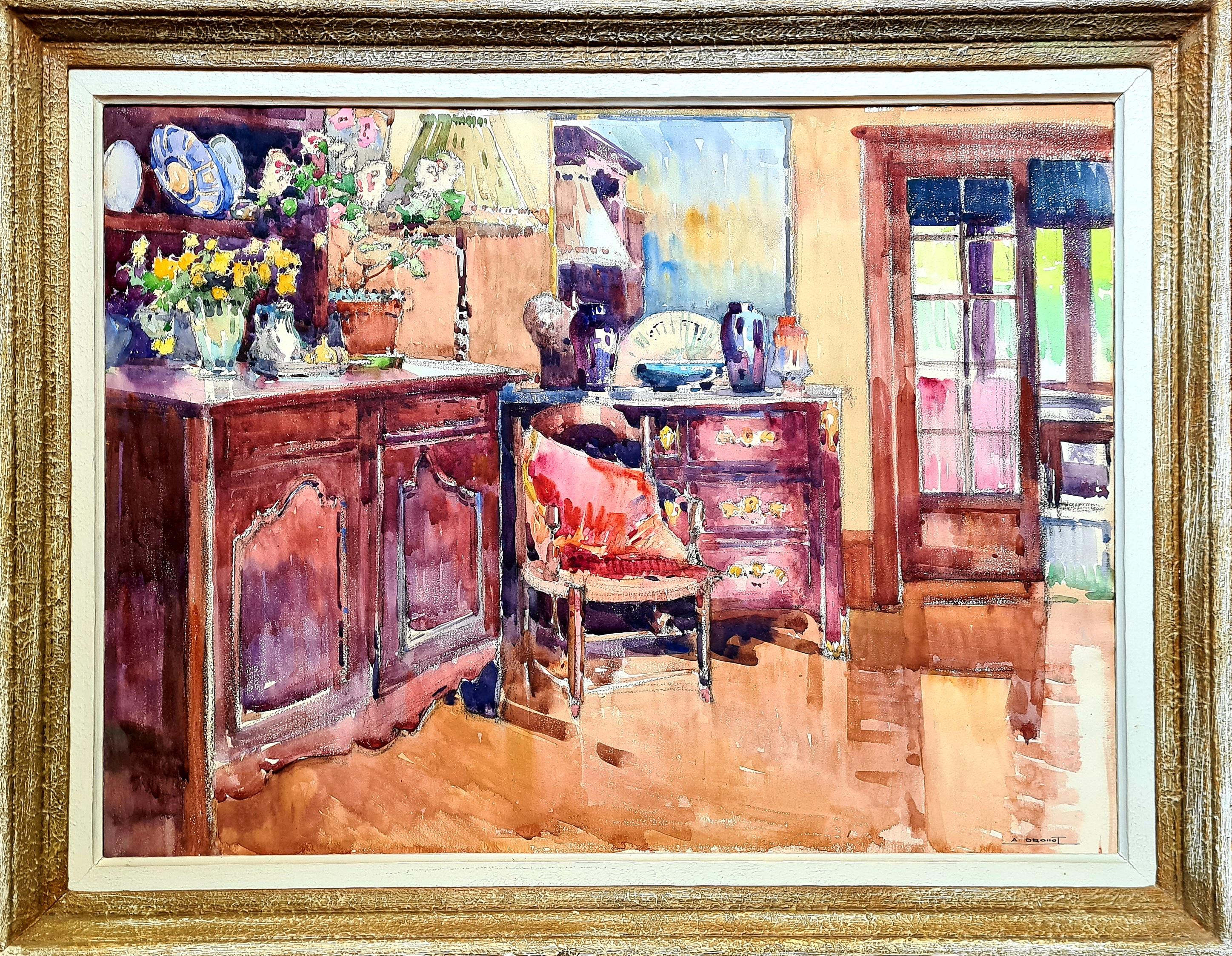 Interior Painting di César Auguste Drouot, (dit Auguste Drouot)  - Vista d'interni in stile provenzale francese, Lo Chateau