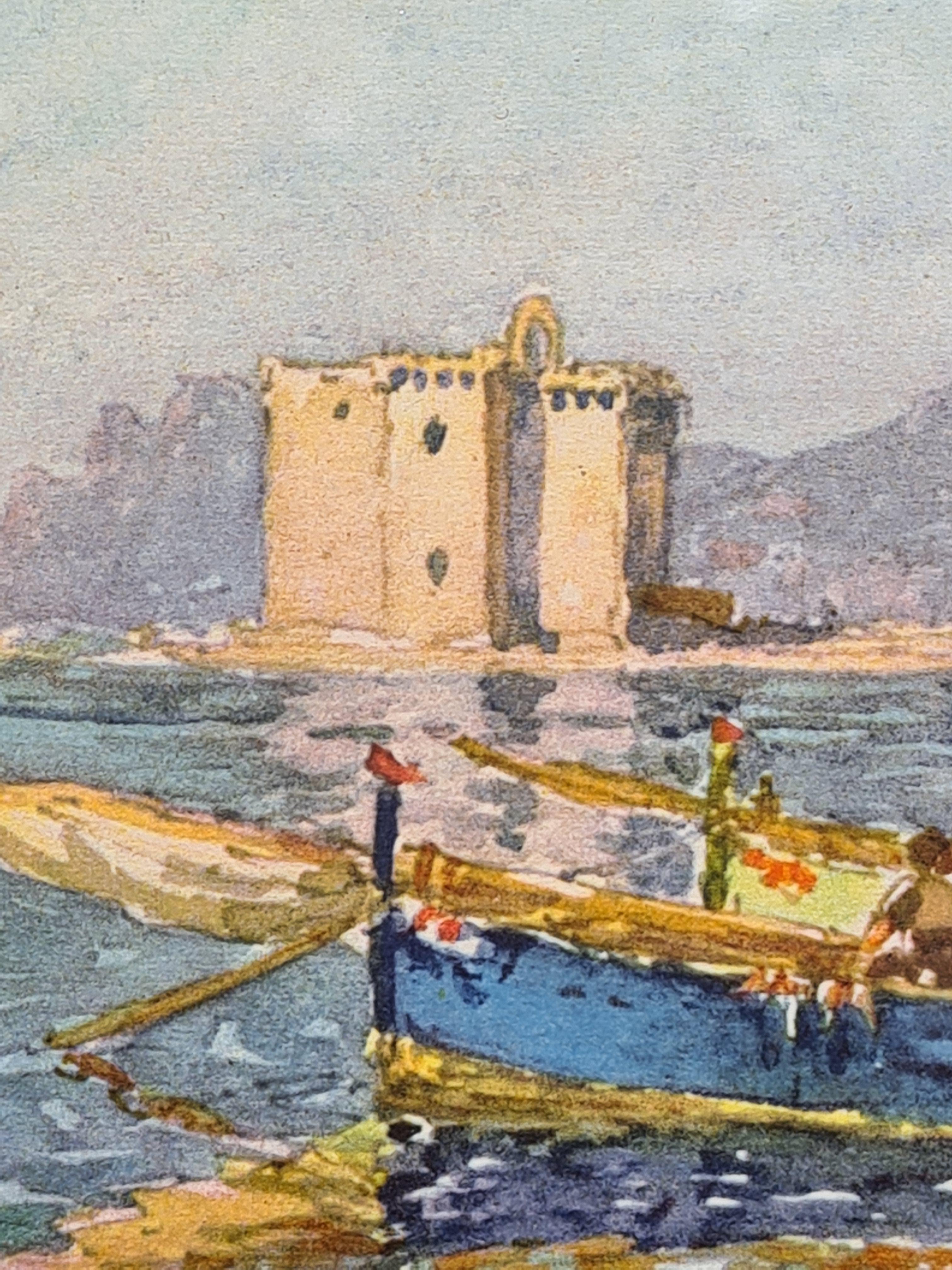 Veduta marina francese a guazzo e acquerello delle isole al largo di Cannes, nel sud della Francia, di Louis Germain. Il dipinto è firmato in basso a sinistra ed è presentato in una cornice di legno semplice con vetro.

Questo squisito acquerello