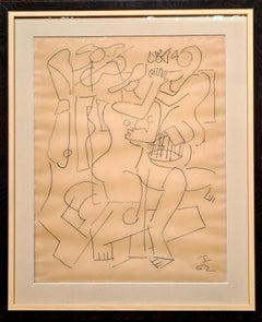 Mid Century French Ink Female Nude Drawing, The Birdcage, Circle of Picasso