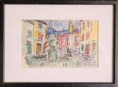 French Village Street View with Fountain. Pastel on Paper. 23cm x 30.5cm.