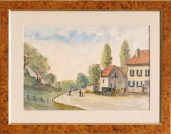 Countryside Village Scene Landscape. Watercolor on Paper. 35.5cm x 45cm..