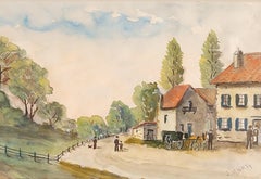 Countryside Village Scene Landscape. Watercolor on Paper. 35.5cm x 45cm..