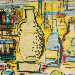 Bunte Tischdekoration - Stillleben aus Flaschen und Früchten. Gouache, Pastell. 54cm x 72cm.