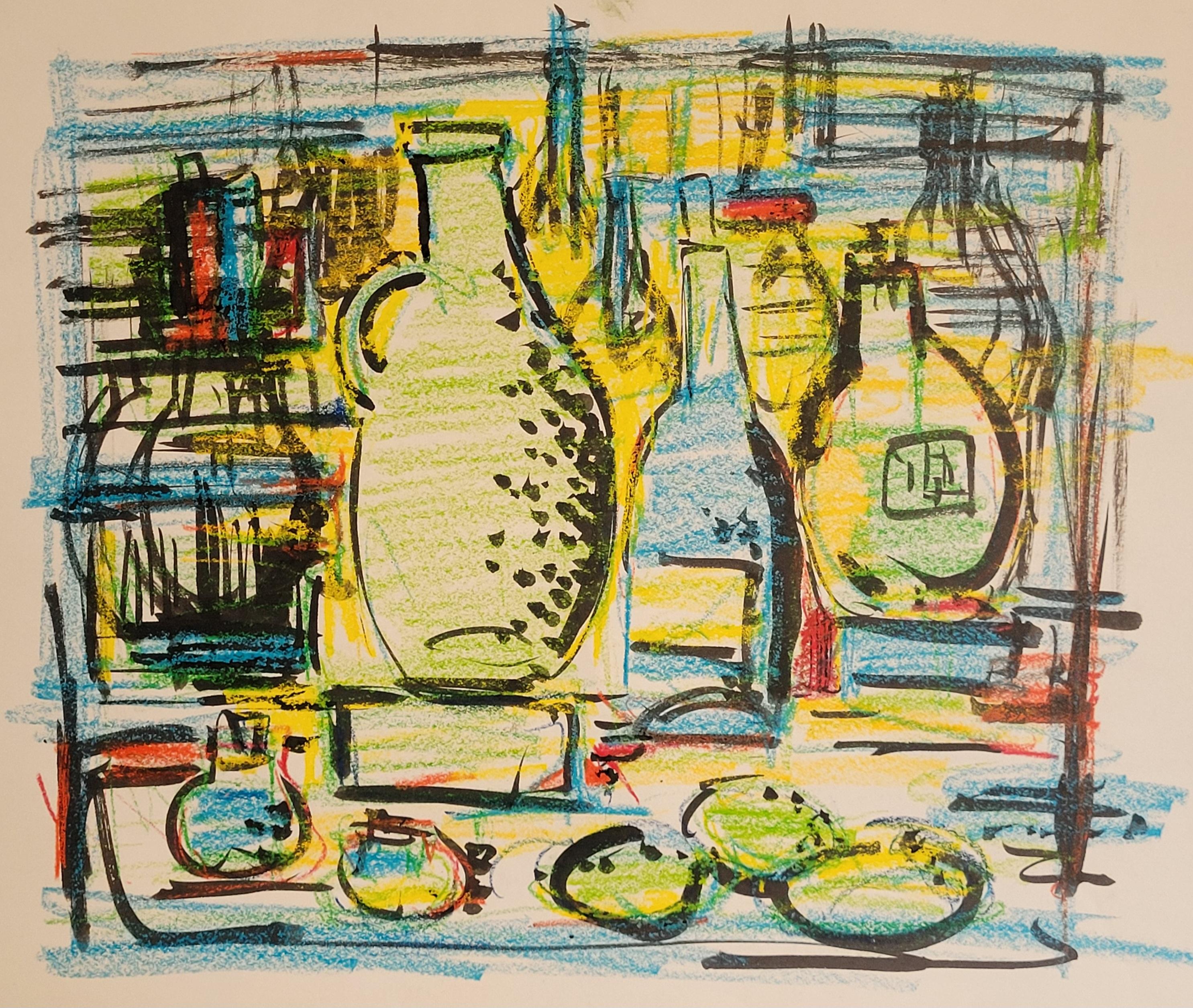 Colorido Paisaje de Mesa Naturaleza Muerta de Botellas y Fruta. Aguada, Pastel. 54cm x 72cm.