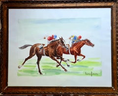 The Horse Race, Equestrian Watercolor on Paper, Framed, Mid-20th Century