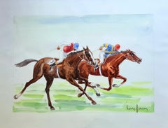 The Horse Race, Equestrian Watercolor on Paper, Framed, Mid-20th Century