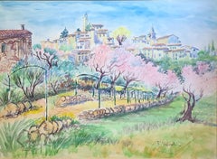 The Cherry Blossom, South of France Hilltop Village, Large Framed Watercolour