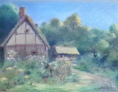 Pastell auf Papier, Landschaftszeichnung eines Häuschens, Anfang des 20. Jahrhunderts