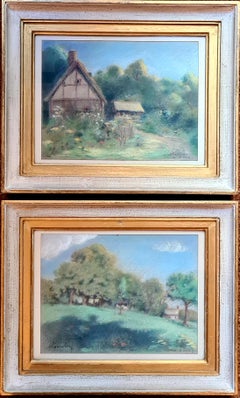 Zwei Pastellzeichnungen auf Papier, Darstellungen eines Häuschens und einer Landschaft, Anfang des 20. Jahrhunderts