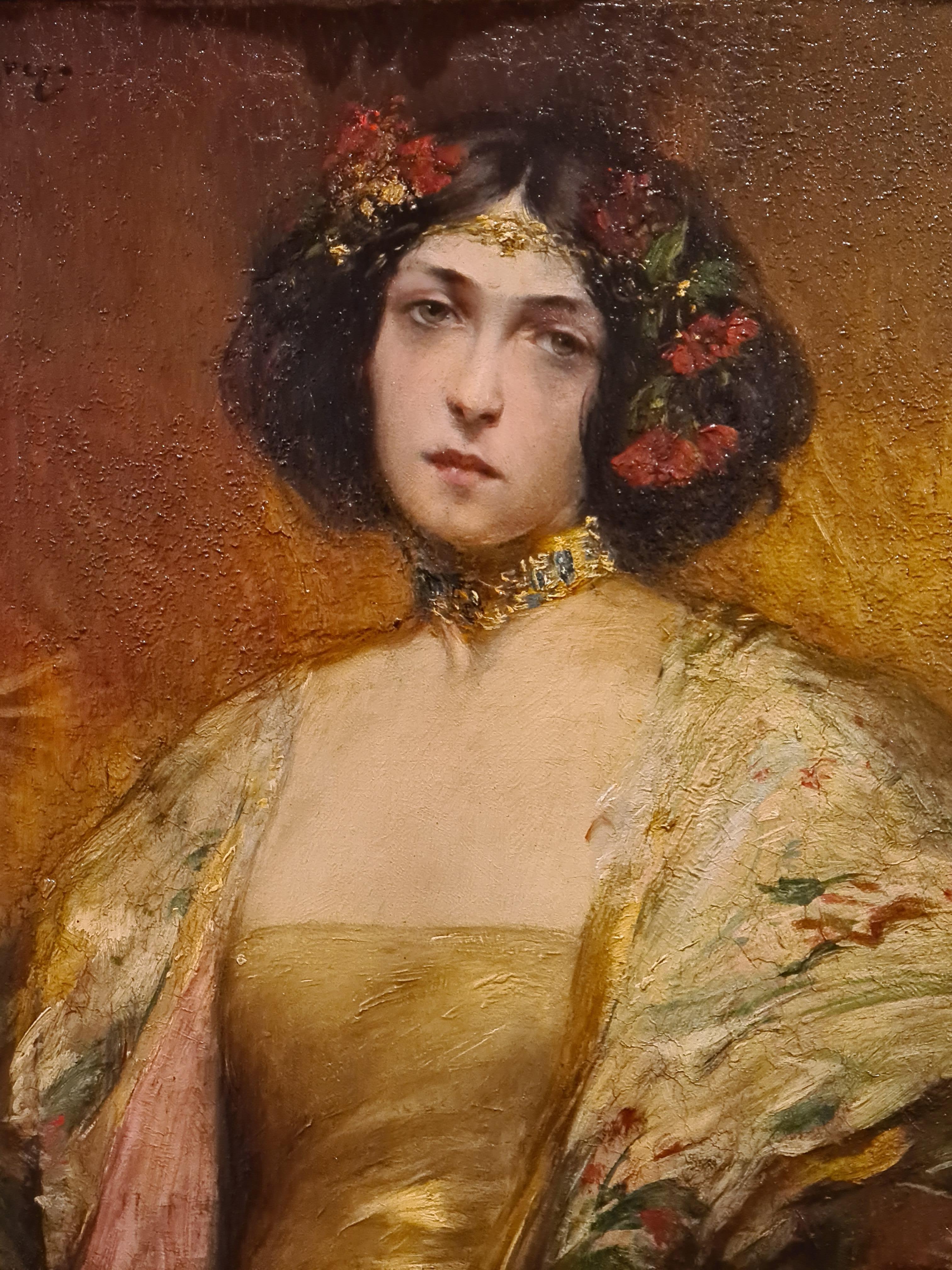 Raymond Allegre Portrait Painting – Das Porträt einer jungen Frau aus der Belle Epoque:: Adele in einem Seidenkleid