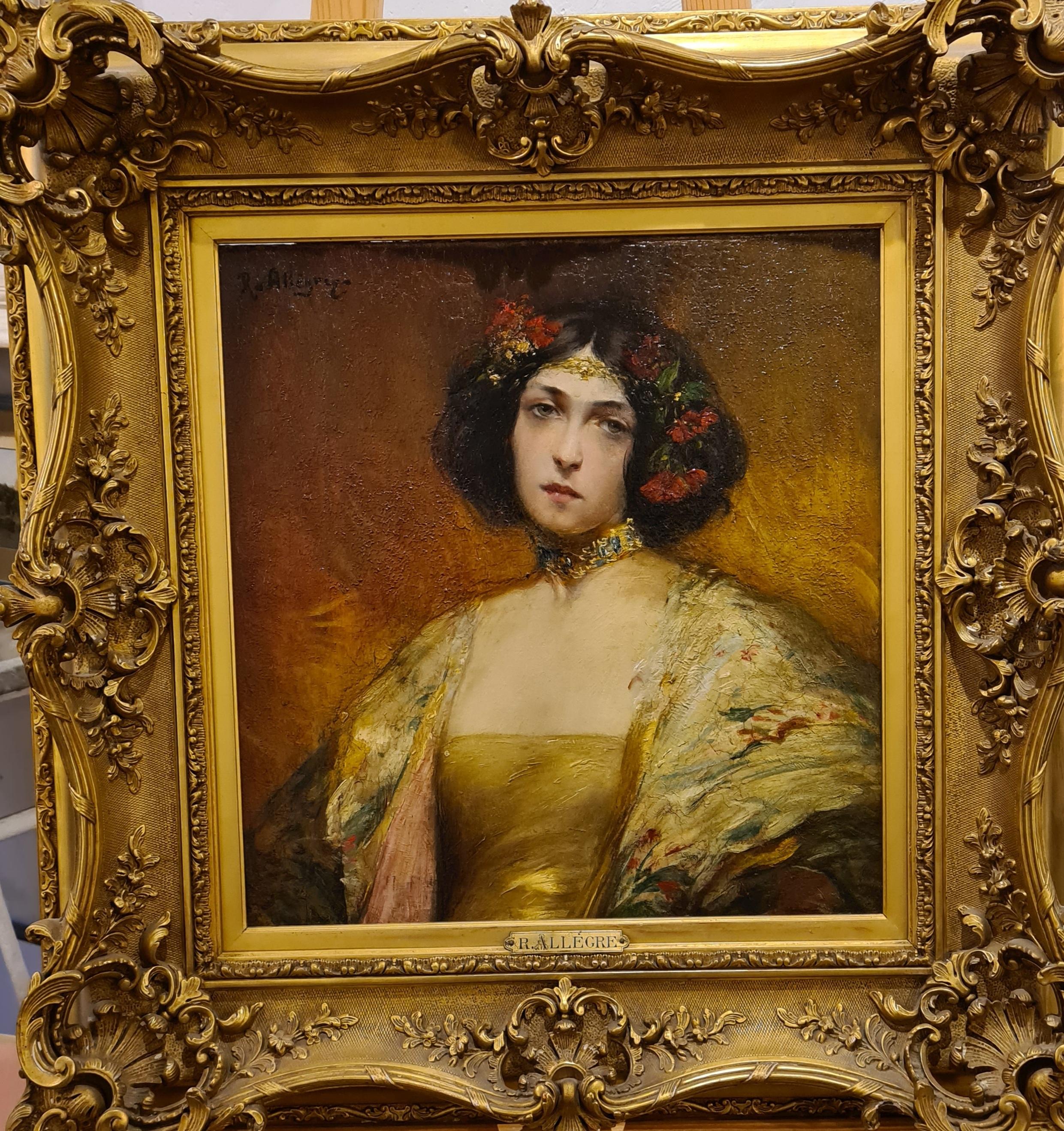 Das Porträt einer jungen Frau aus der Belle Epoque:: Adele in einem Seidenkleid – Painting von Raymond Allegre