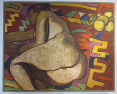 Large fauvist oil painting on canvas. Francoise, Female nude reclining on kilim.