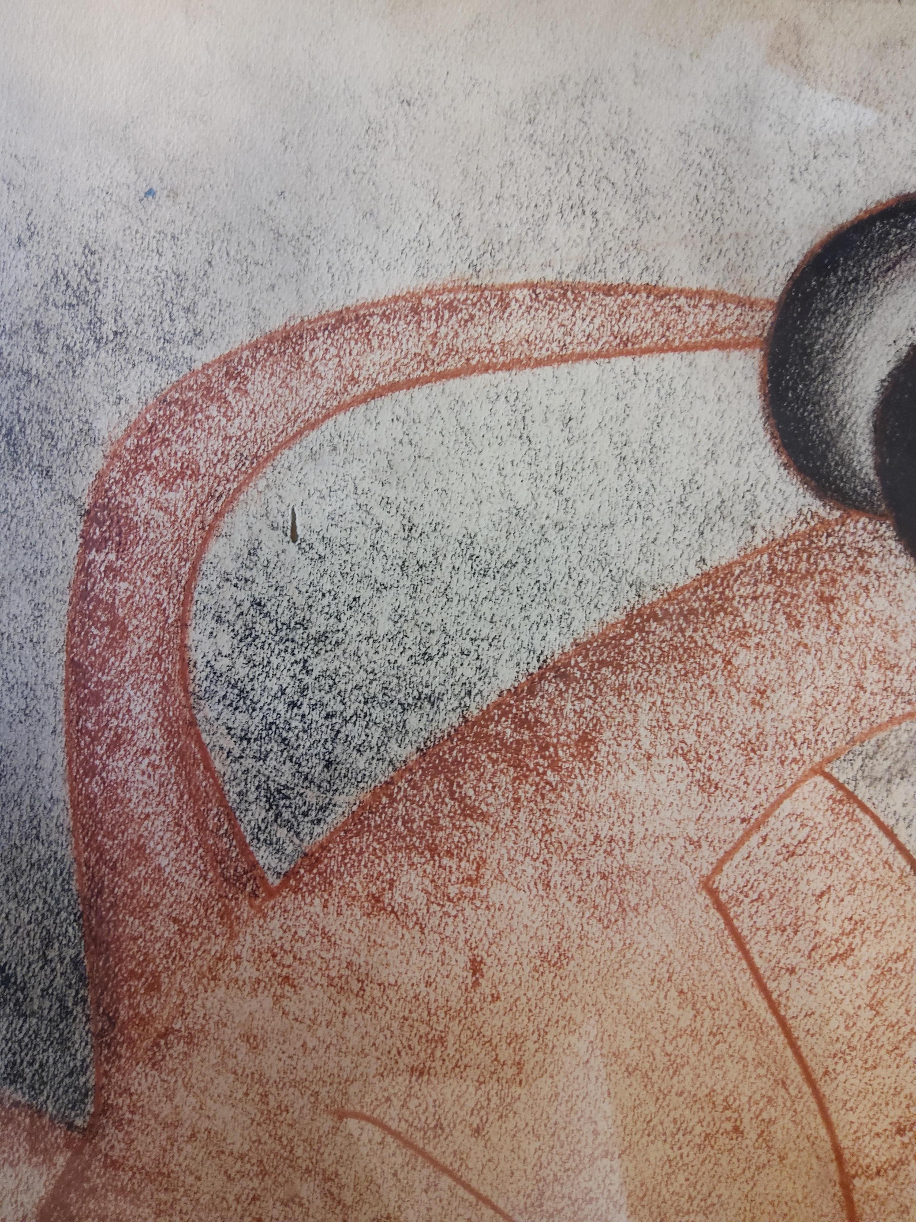 Dessin de nu féminin zoomorphe stylisé d'influence Picasso, crayon à l'huile sur papier, École de Paris, signé et daté 1963. L'œuvre est présentée dans un cadre chromé d'époque.

Interprétation élégante et intéressante, avec une belle ligne, dans ce
