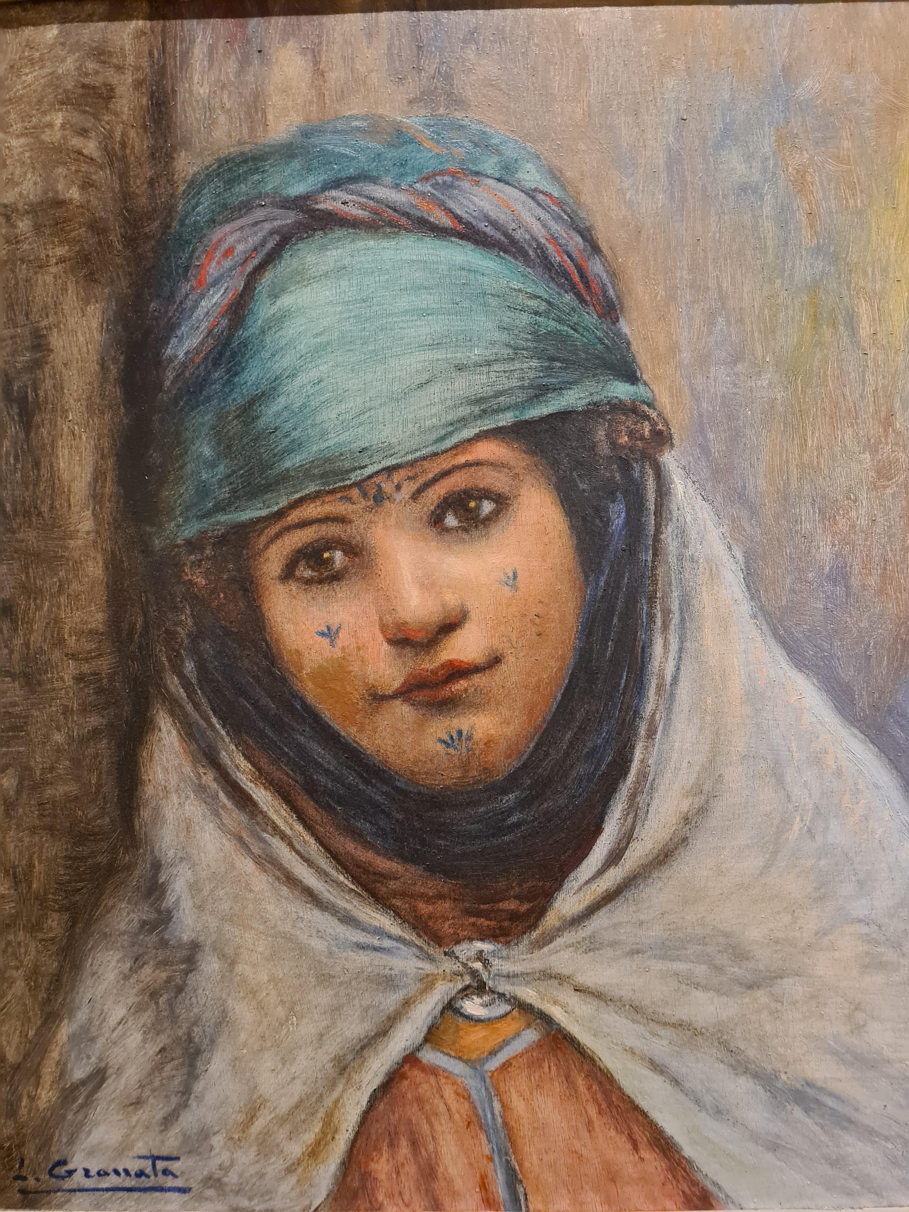 Louis Granata Portrait Painting - Mauresque, Bou Saada, Orientalist portrait of a young girl in costume.