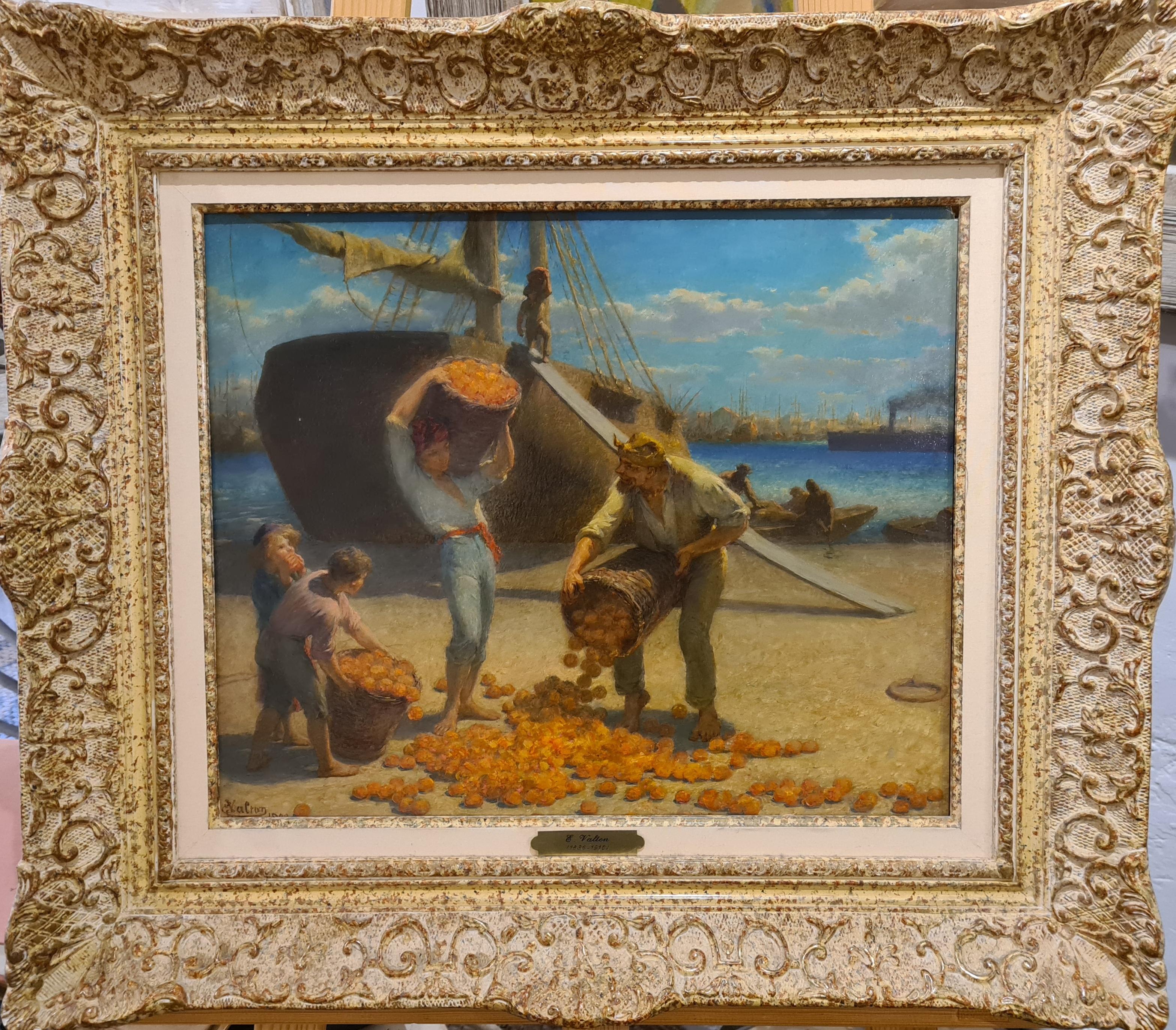 Edmond-Eugène Valton Landscape Painting - Debarquement des Oranges, Marseille, 1900. French Realist, oil on panel.