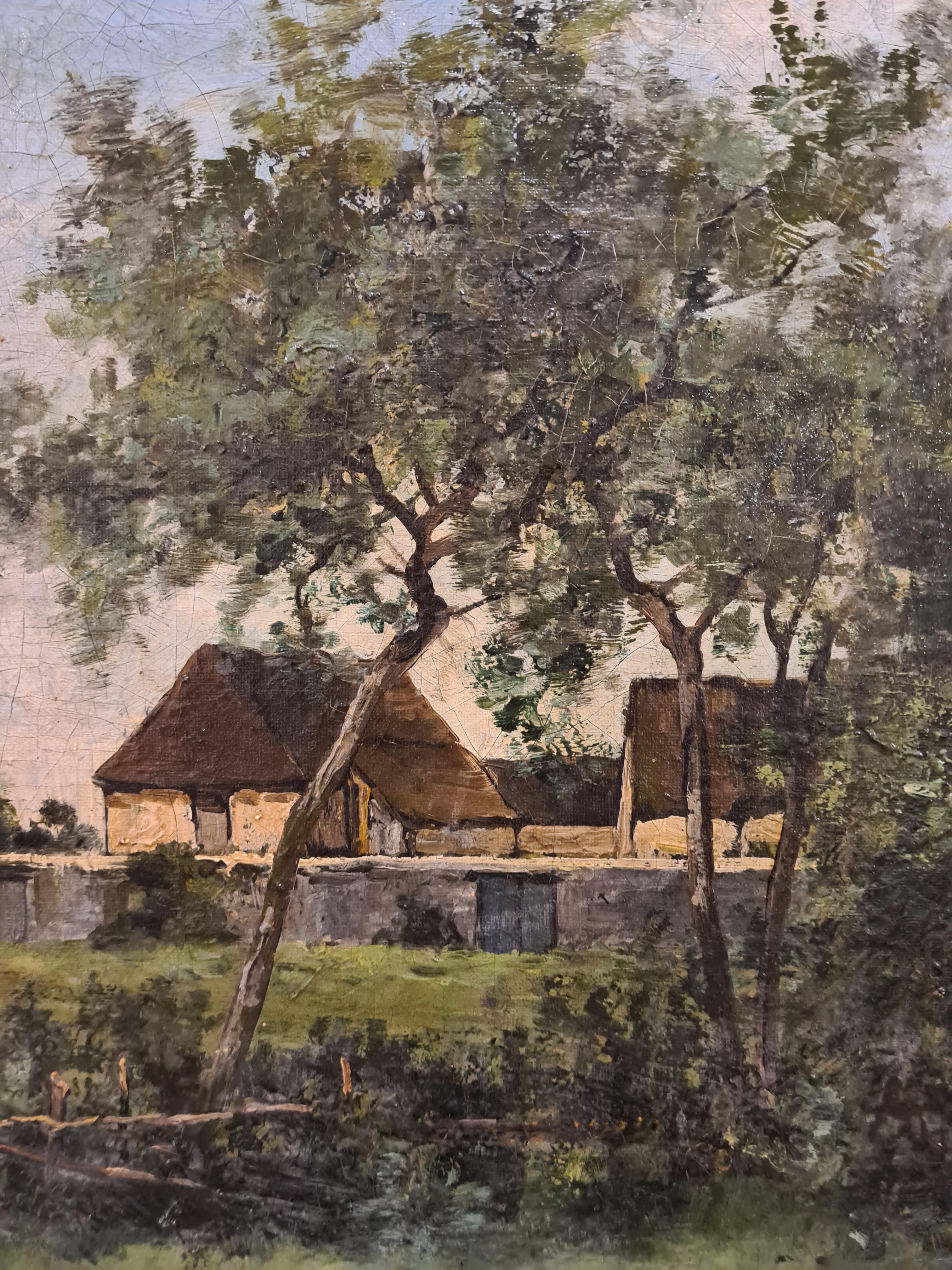 The Farm, Barbizon, Fontainebleau Forest - Barbizon School Painting by Louis Remy Matifas