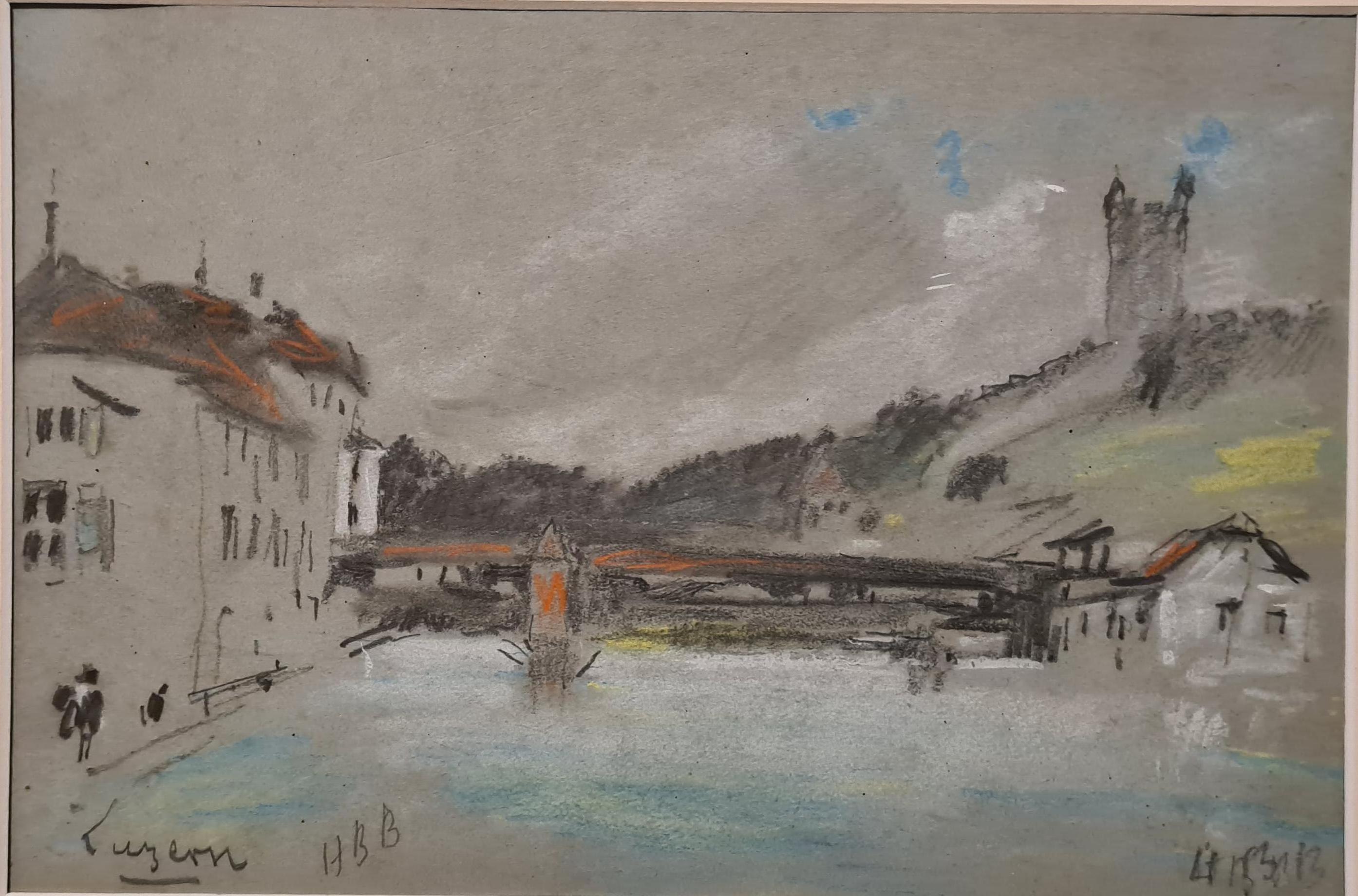 19th century pastel of a river scene, The Chapel Bridge, Lucerne, Switzerland.