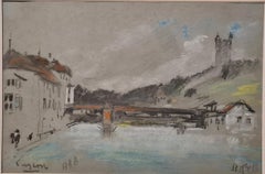 pastel du XIXe siècle représentant une scène fluviale, Le pont de la chapelle, Lucerne, Suisse.