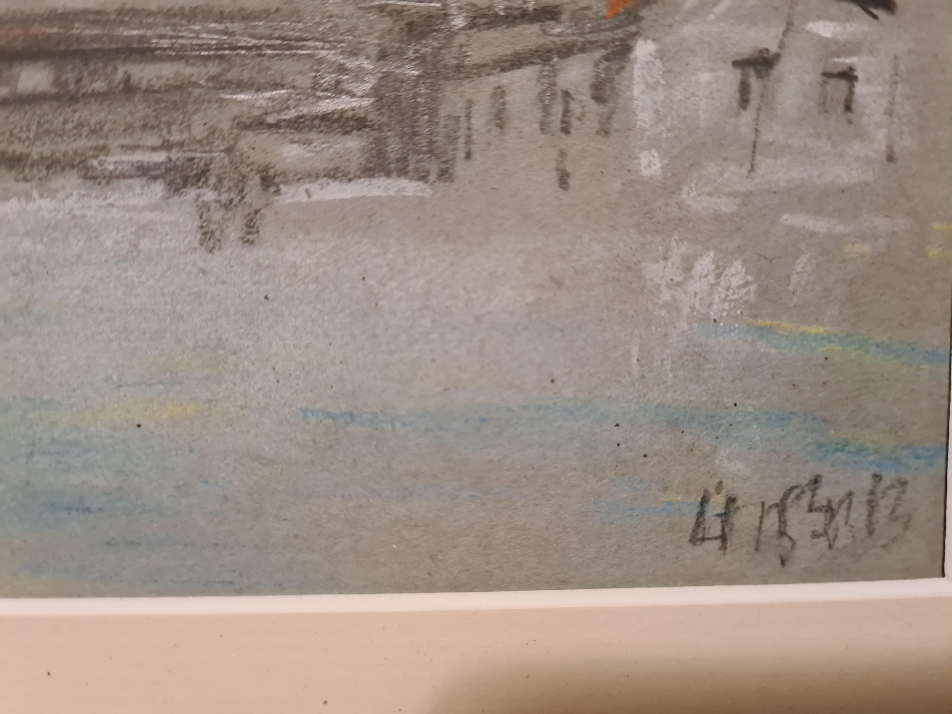 Pastell einer Flussssszene aus dem 19. Jahrhundert, Kapellebrücke, Lucerne, Schweiz. im Angebot 1