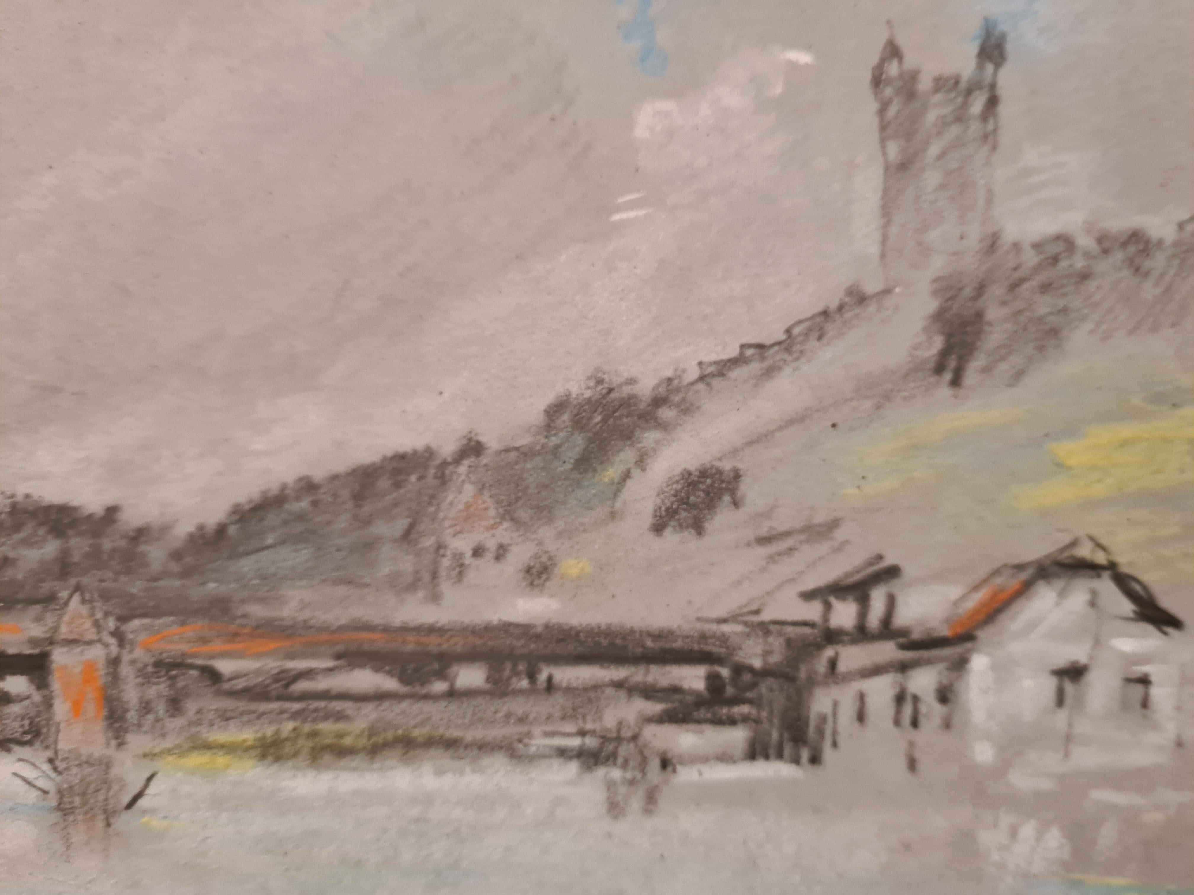 Dessin au pastel du milieu du XIXe siècle représentant le pont de la Chapelle et la rivière Reuss à Lucerne, en Suisse, par Hercules Brabazon Brabazon. L'œuvre est intitulée 