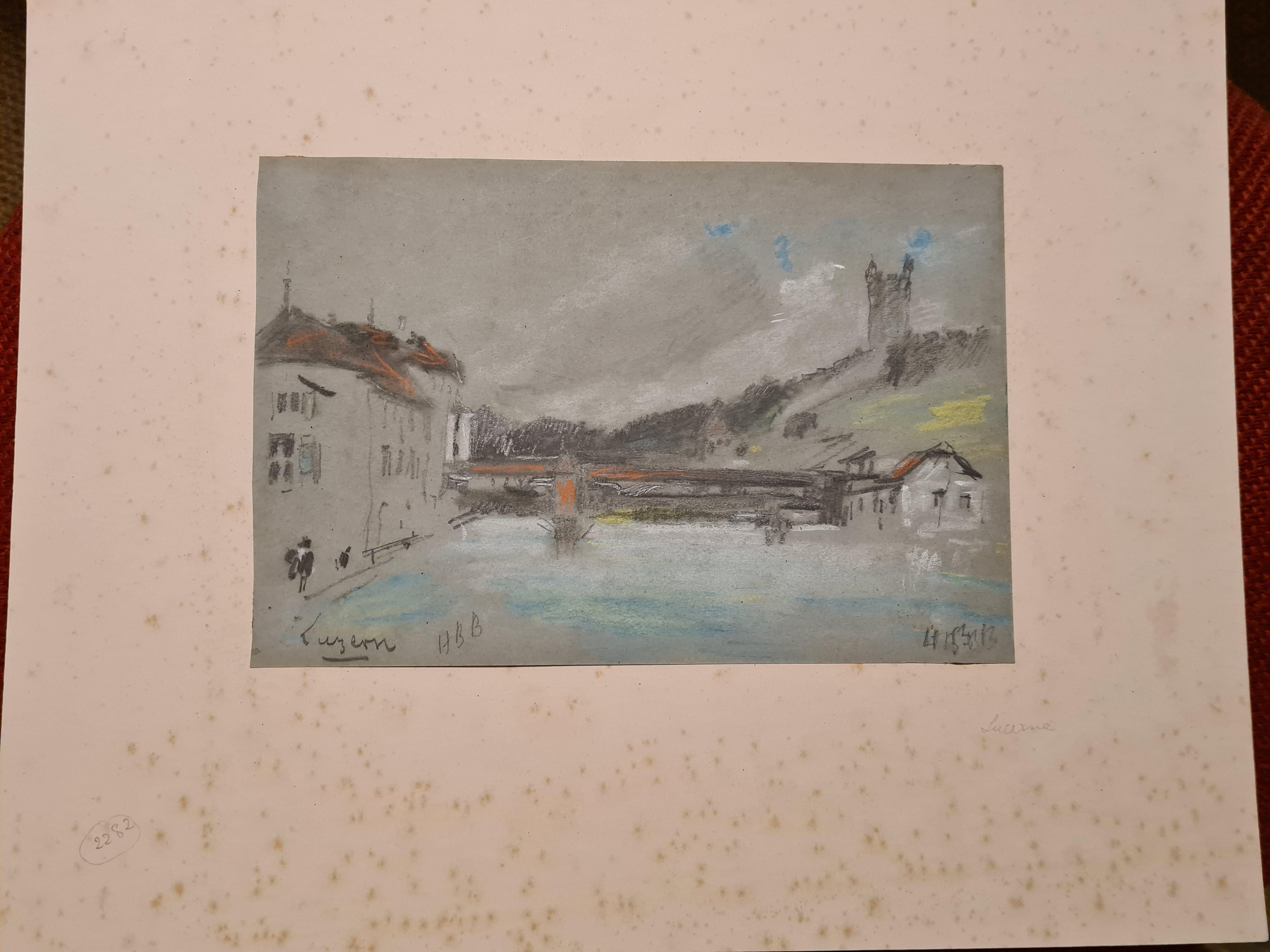 19th century pastel of a river scene, The Chapel Bridge, Lucerne, Switzerland. - Gray Landscape Art by Hercules Brabazon Brabazon