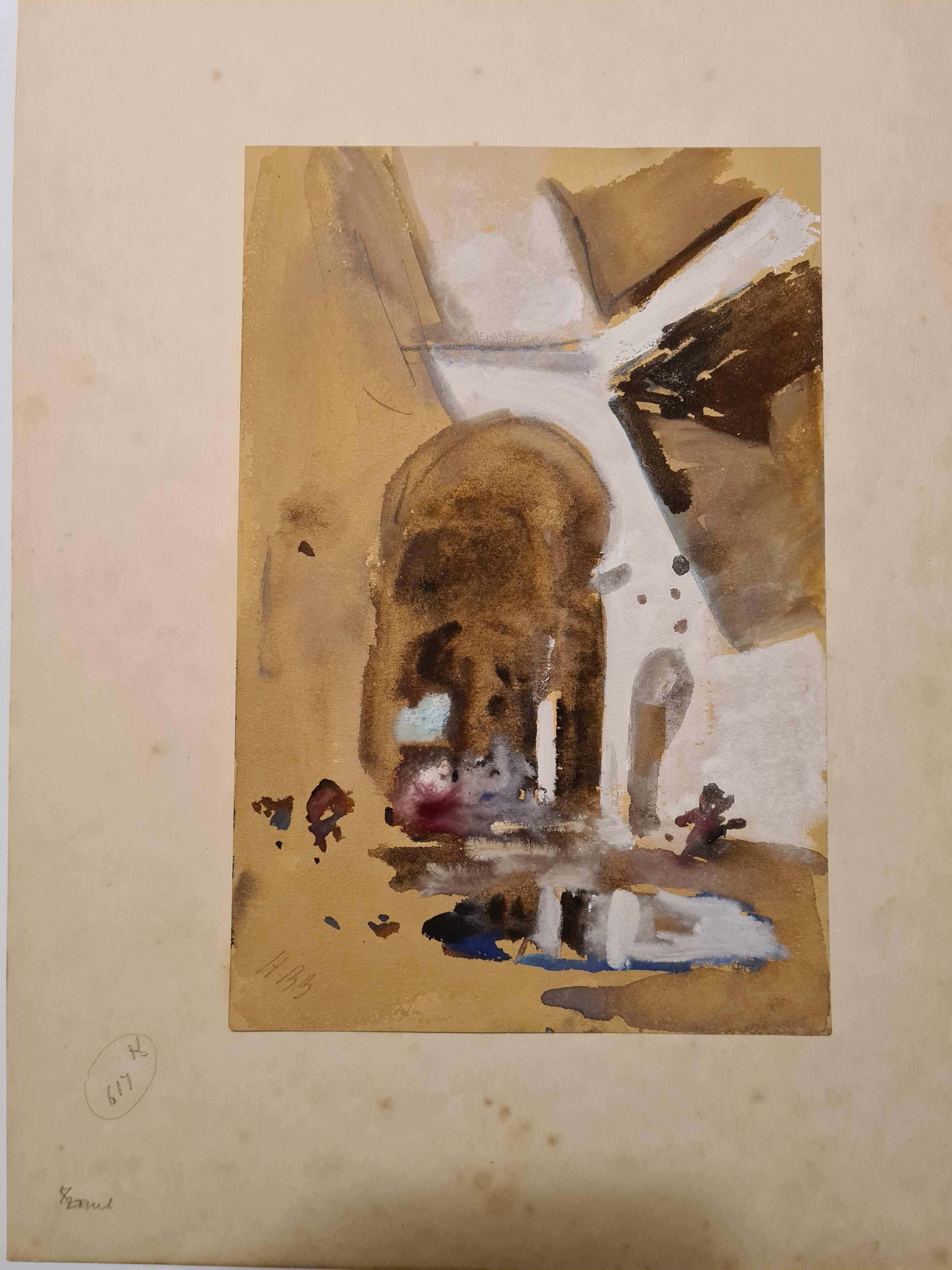 
Mid 19th century watercolour study of The Colosseum, Rome, reflections, light and shade, by Hercules Brabazon Brabazon. The work is titled 'Rome' on the mount and initial signed (HBB) by the artist.

Almost abstract in its composition Brabazon