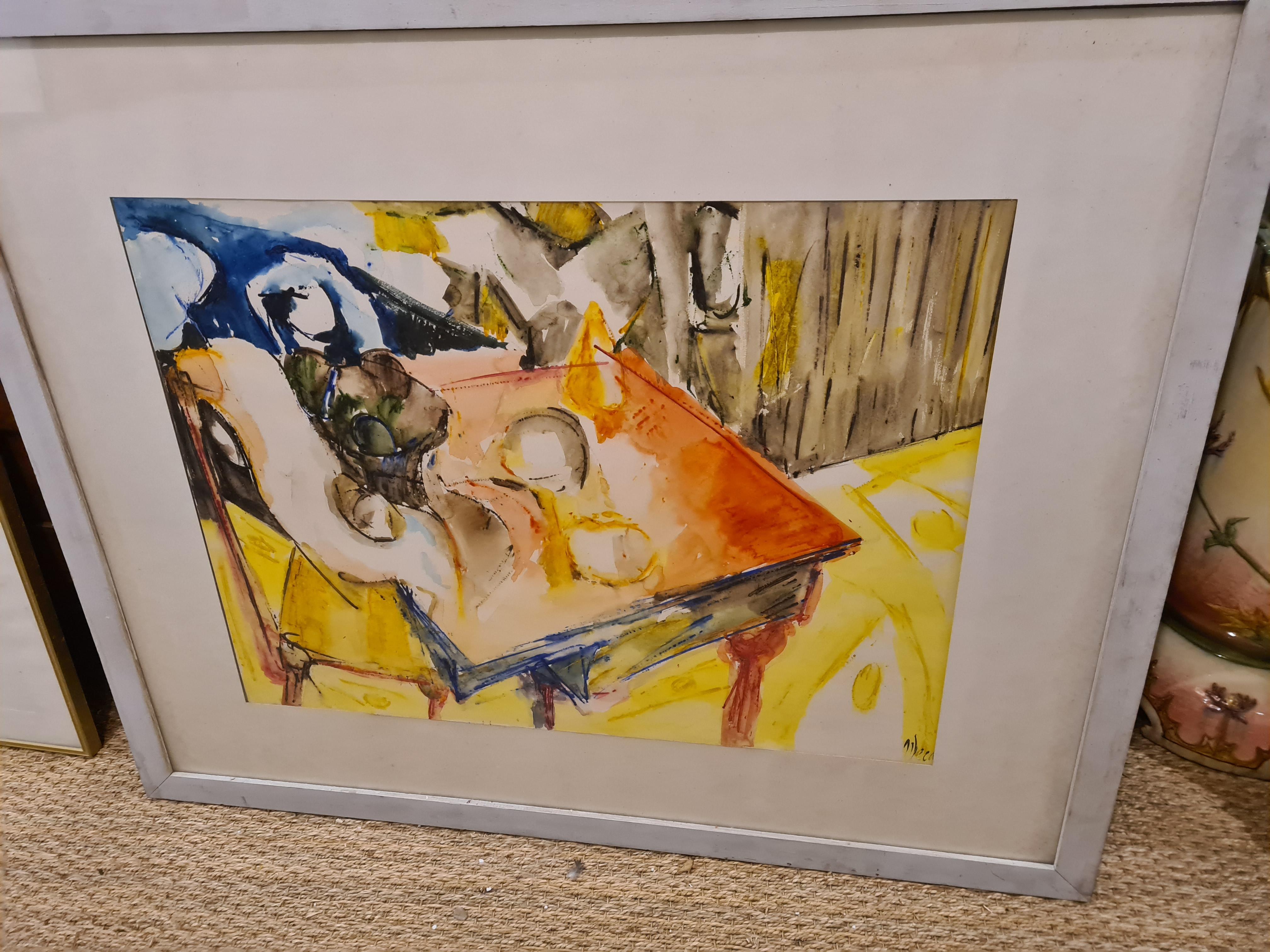 Large, colourful, Mid Century French watercolour of a tablescape by Roger Decaux. Signed bottom left.

Roger DECAUX was born in 1919 in  Dombasle sur Meurthe in the Lorraine. He studied art in Paris with Gino Severini and Jan Brusselmans then with