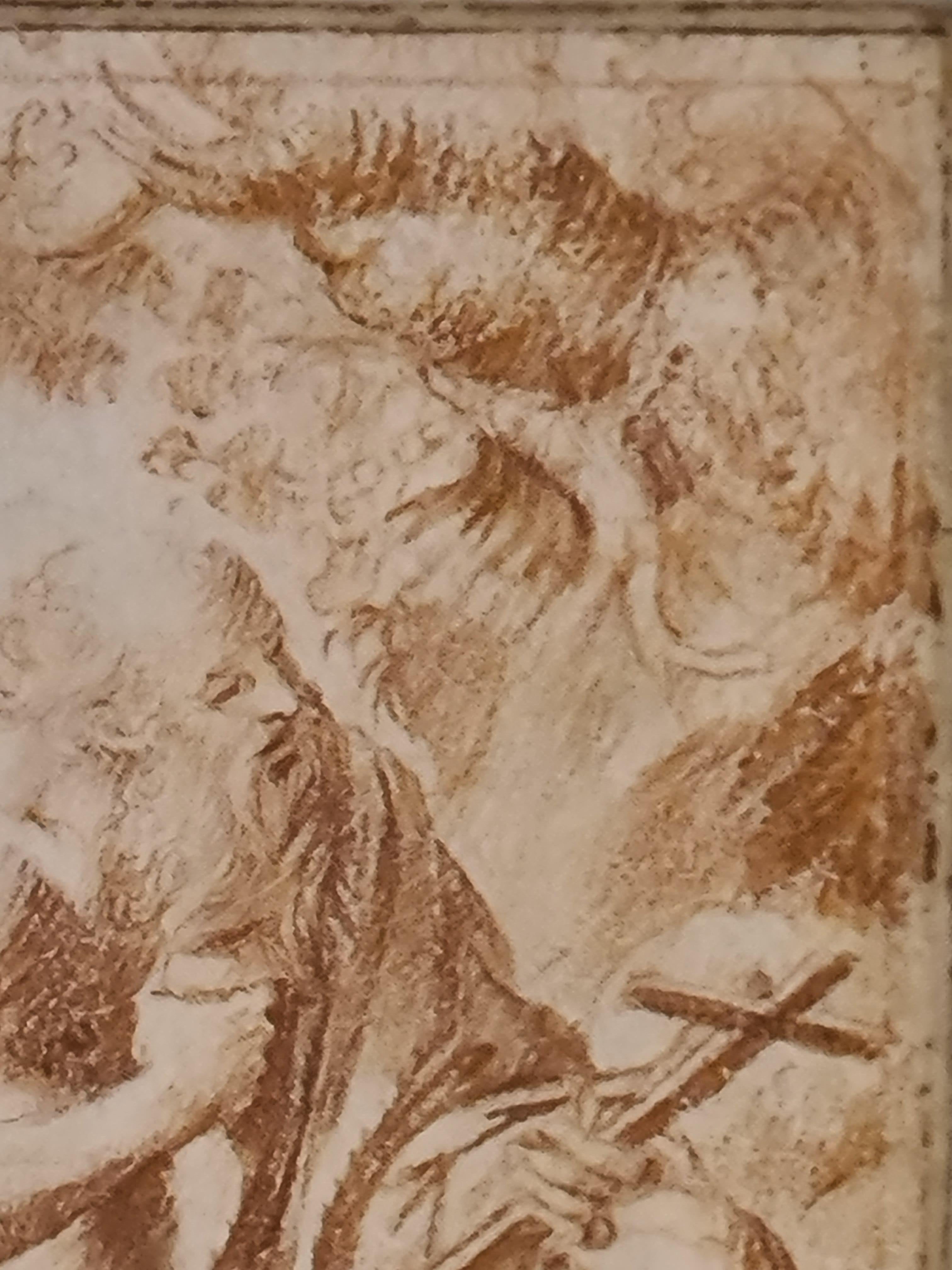 16th Century Old Master ink drawing of St Jerome and his lion attributed to Maertyn de Vos. Very fine detail and with brown ink framing lines.

St. Jerome as penitent in the desert, half naked, kneeling before a crucifix and holding a stone in his