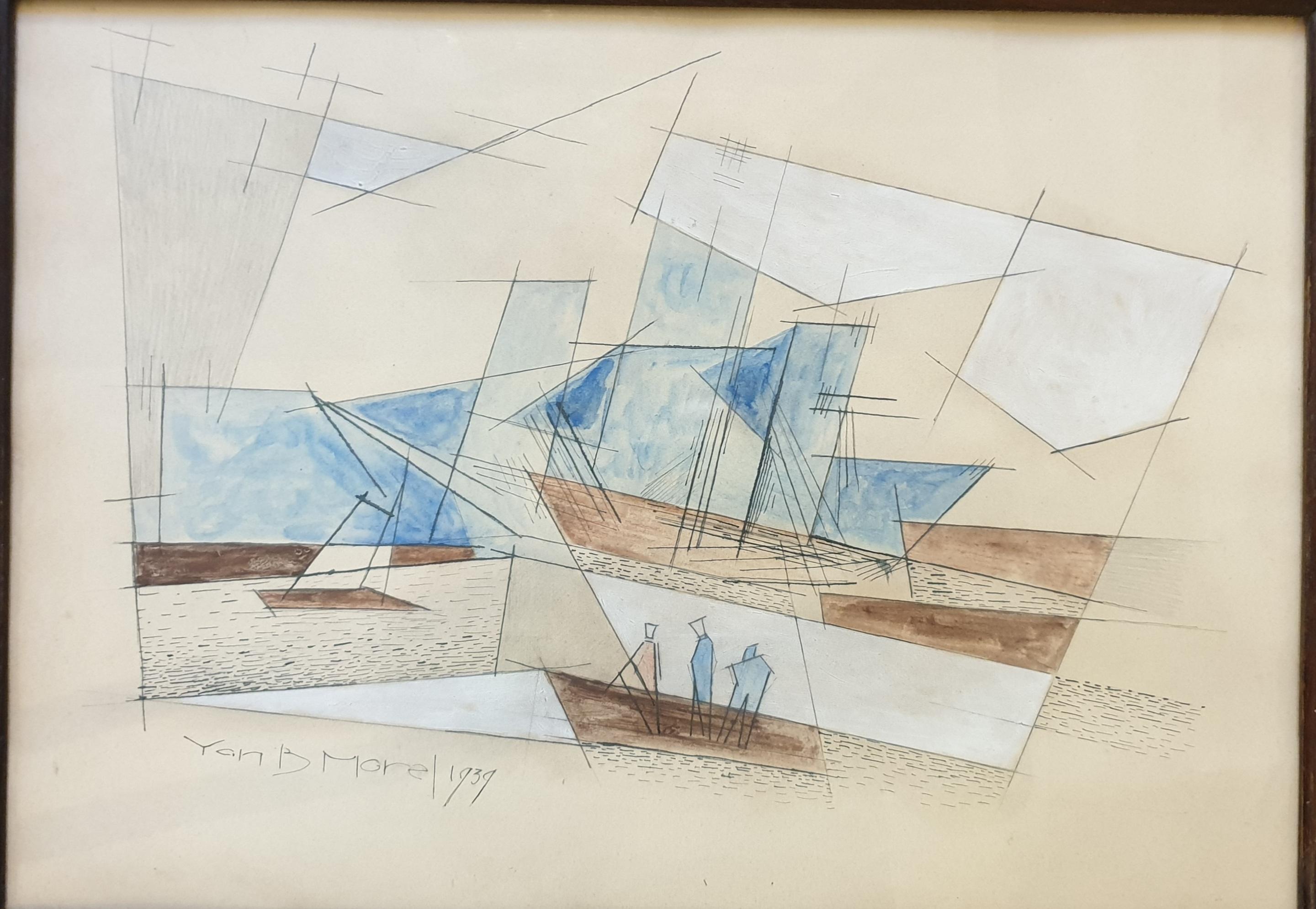 Scène de port nautique cubiste de la fin de l'époque Art déco - Gris Abstract Drawing par Yan Bernard Morel (dit DYL)