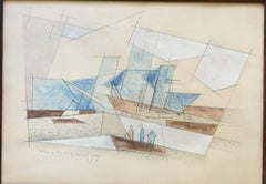 Late Art Deco Period Cubist Nautical Harbour Scene