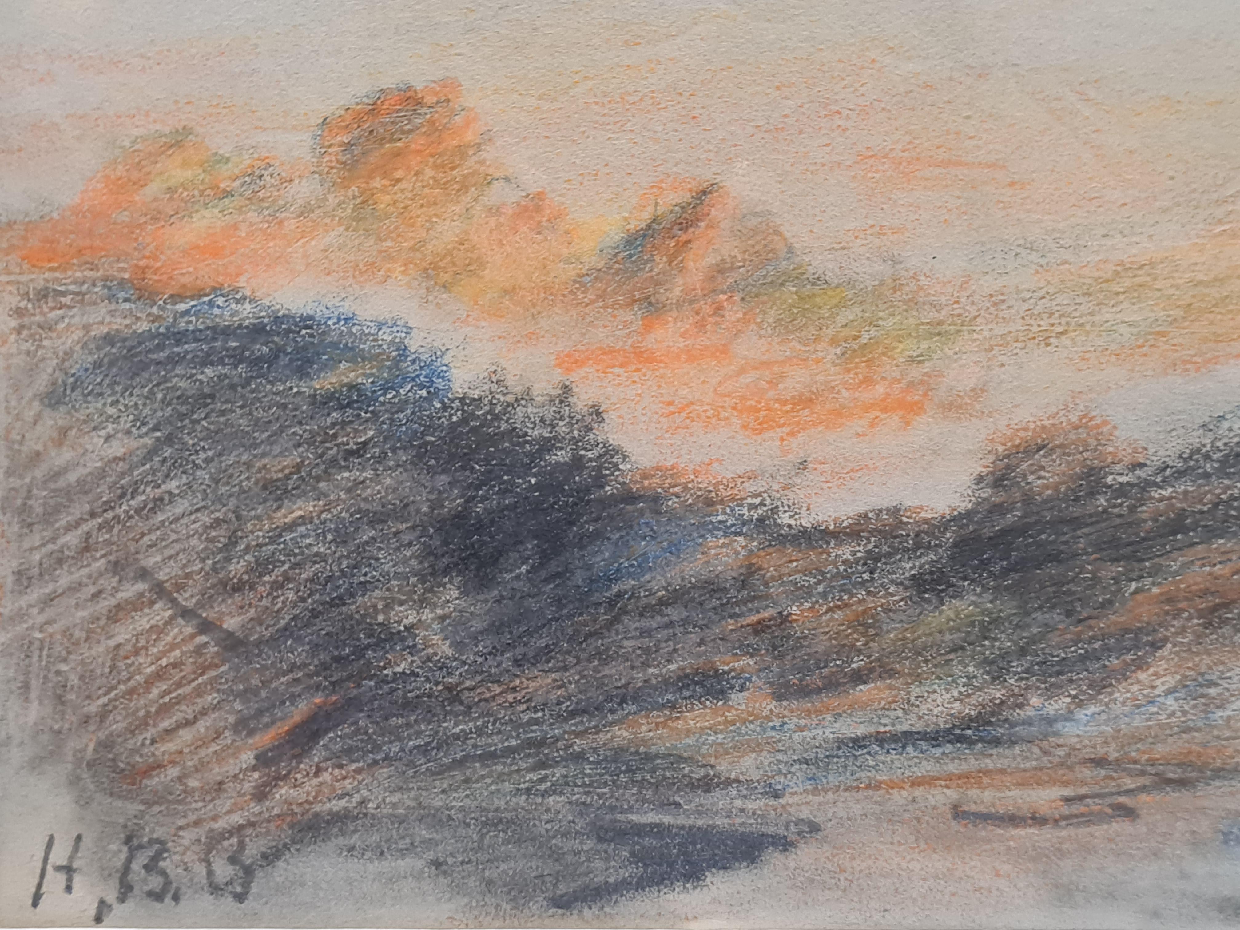 Late 19th century drawing and crayon view of a sunset over the Alps by Hercules Brabazon Brabazon. Initial signed (HBB) by the artist.

Brabazon would have visited, seen and drawn the Alps on one of his trips to Italy, France or Switzerland and